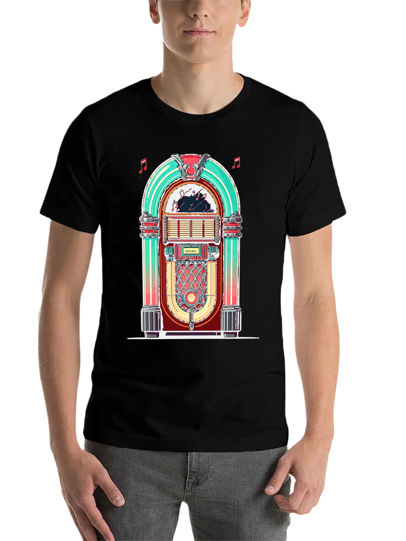 Black Retro Jukebox Graphic Tee - Vintage Music Lover Shirt view 7