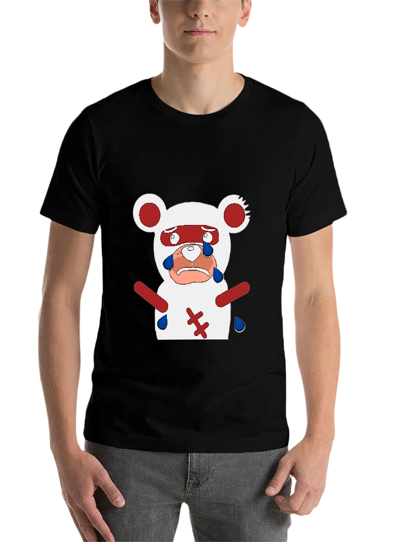 Black Sad Anime Bear T-Shirt - Black Cotton Blend Casual Tee view 7