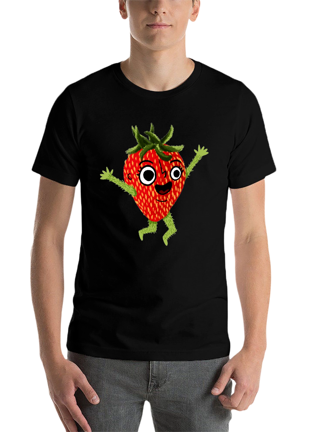 Black Whimsical Strawberry Cartoon Graphic T-Shirt view 7
