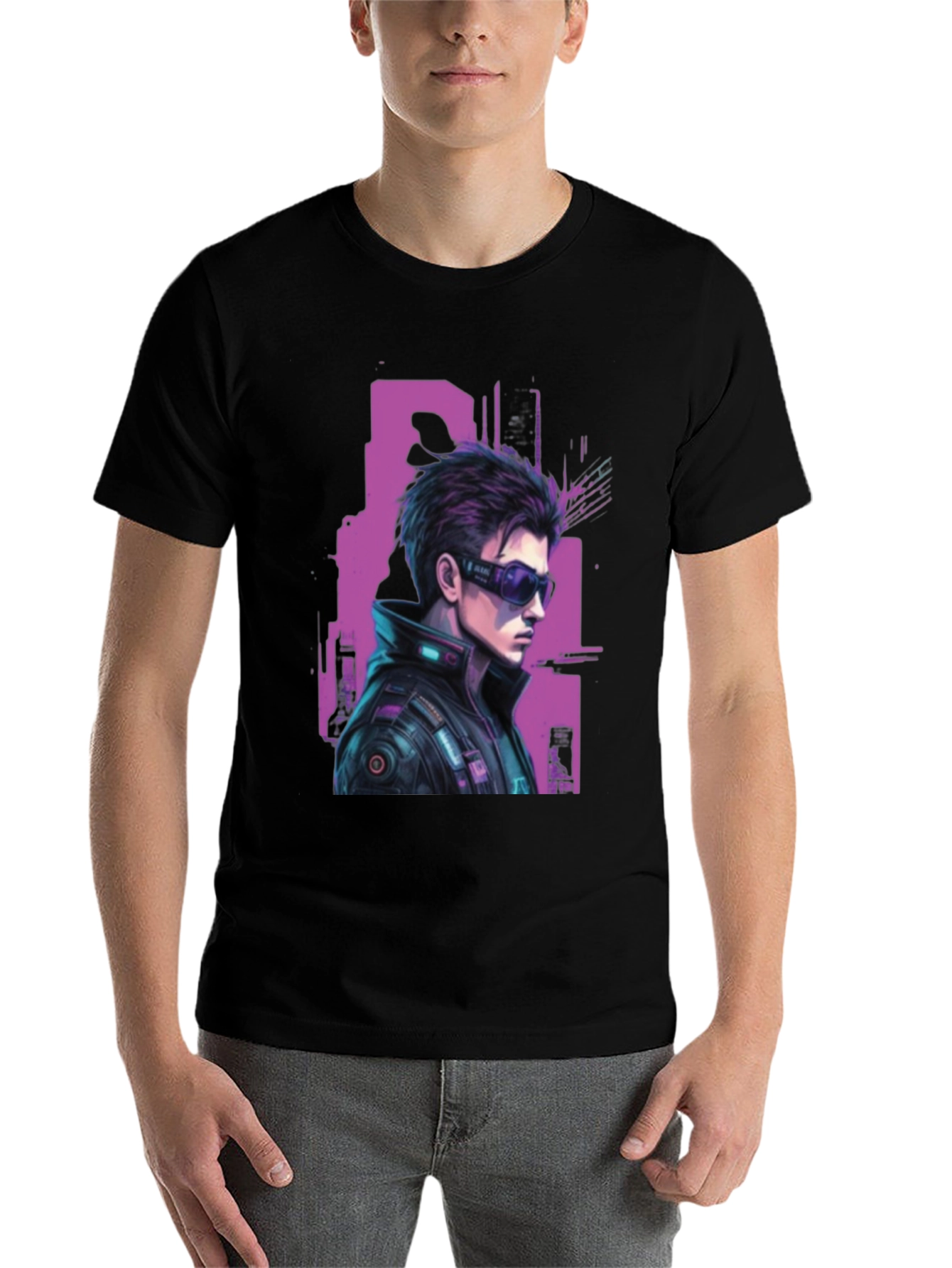 Black Cyberpunk Character Graphic T-Shirt view 7