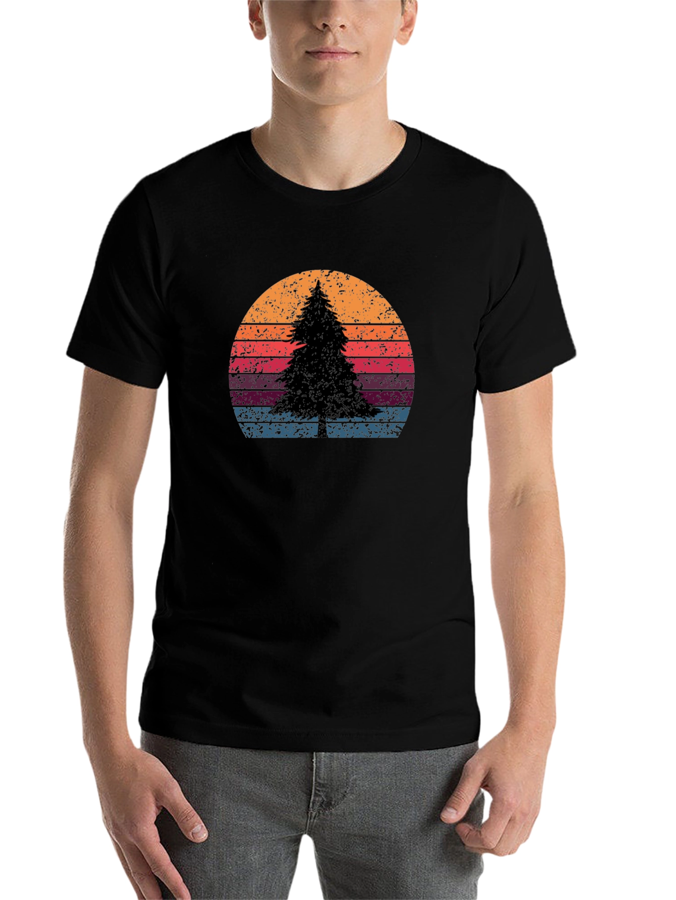 Black Retro Sunset Pine Tree Graphic Tee view 7