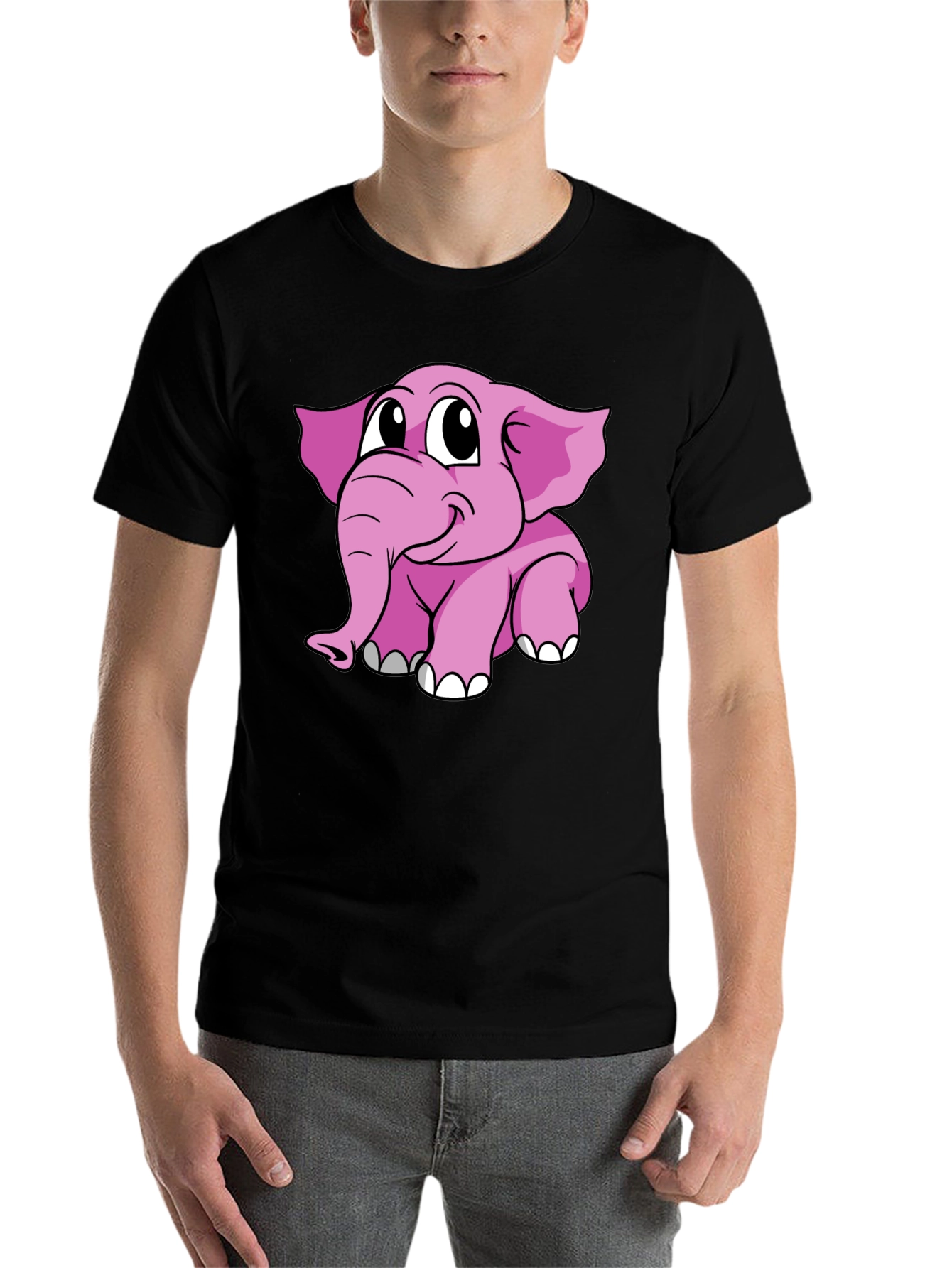 Black Cute Pink Elephant Graphic Tee - Black Cotton Shirt view 7