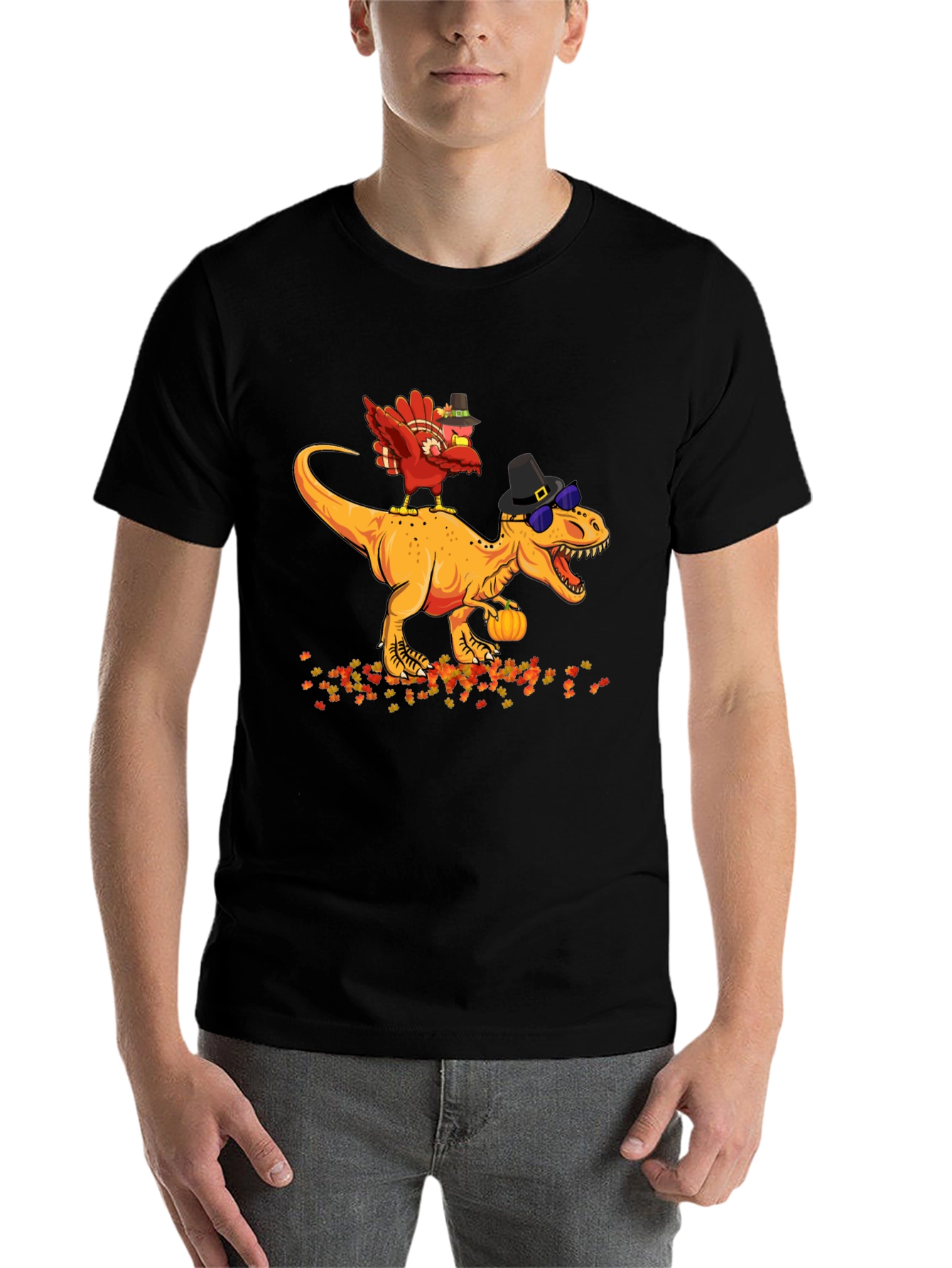 Black Thanksgiving Turkey Riding Dinosaur T-Shirt view 7