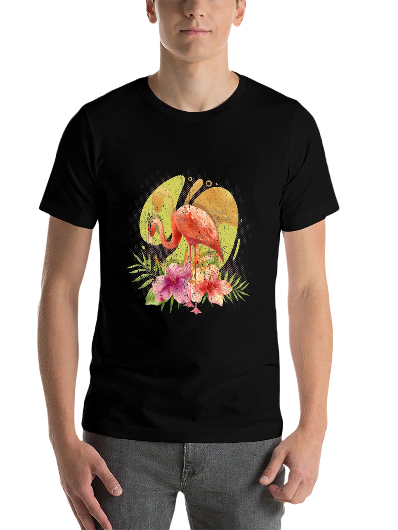 Black Flamingo Floral Print Black T-Shirt view 7