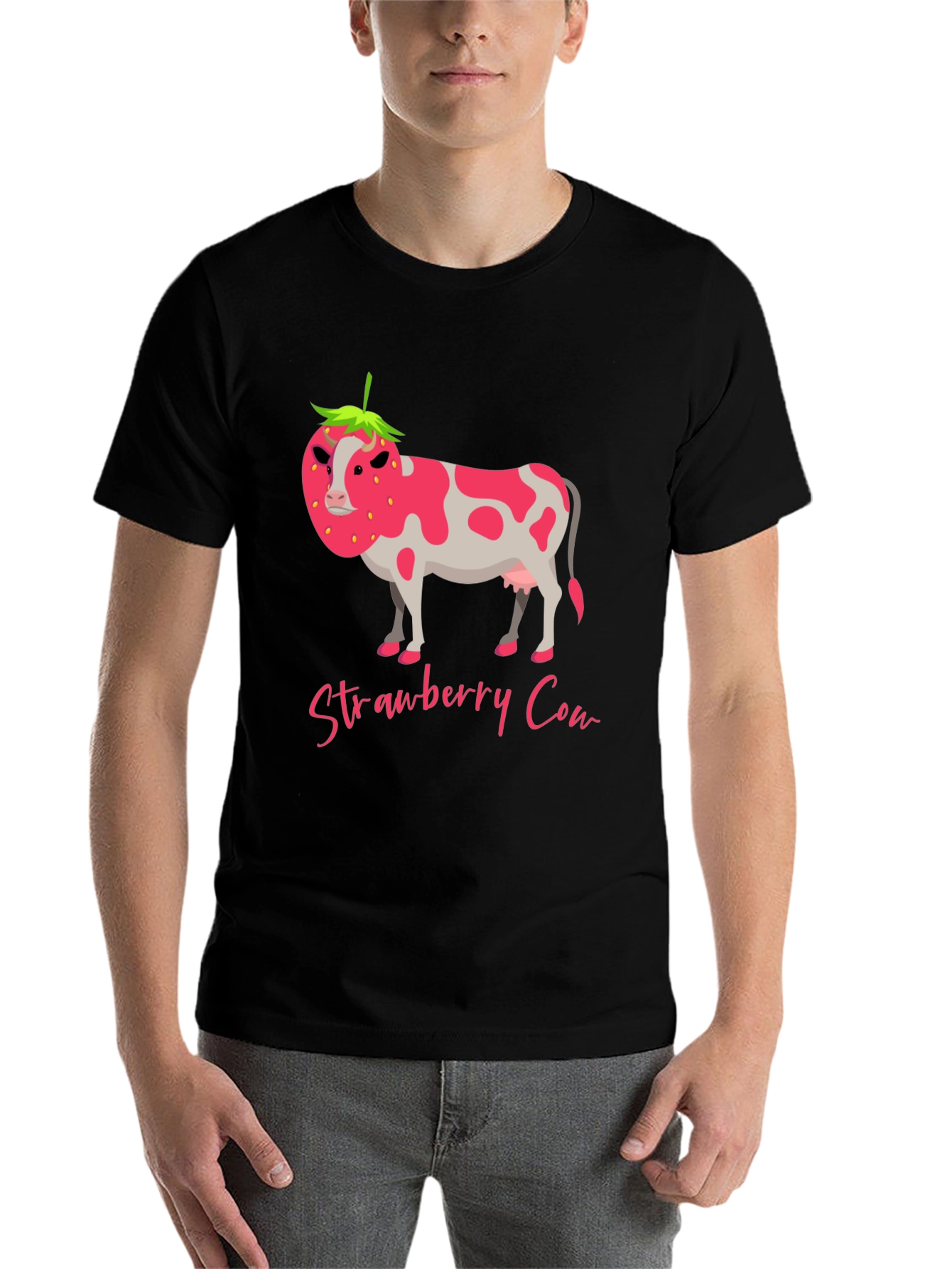 Black Strawberry Cow Graphic Tee - Novelty Print T-Shirt view 7
