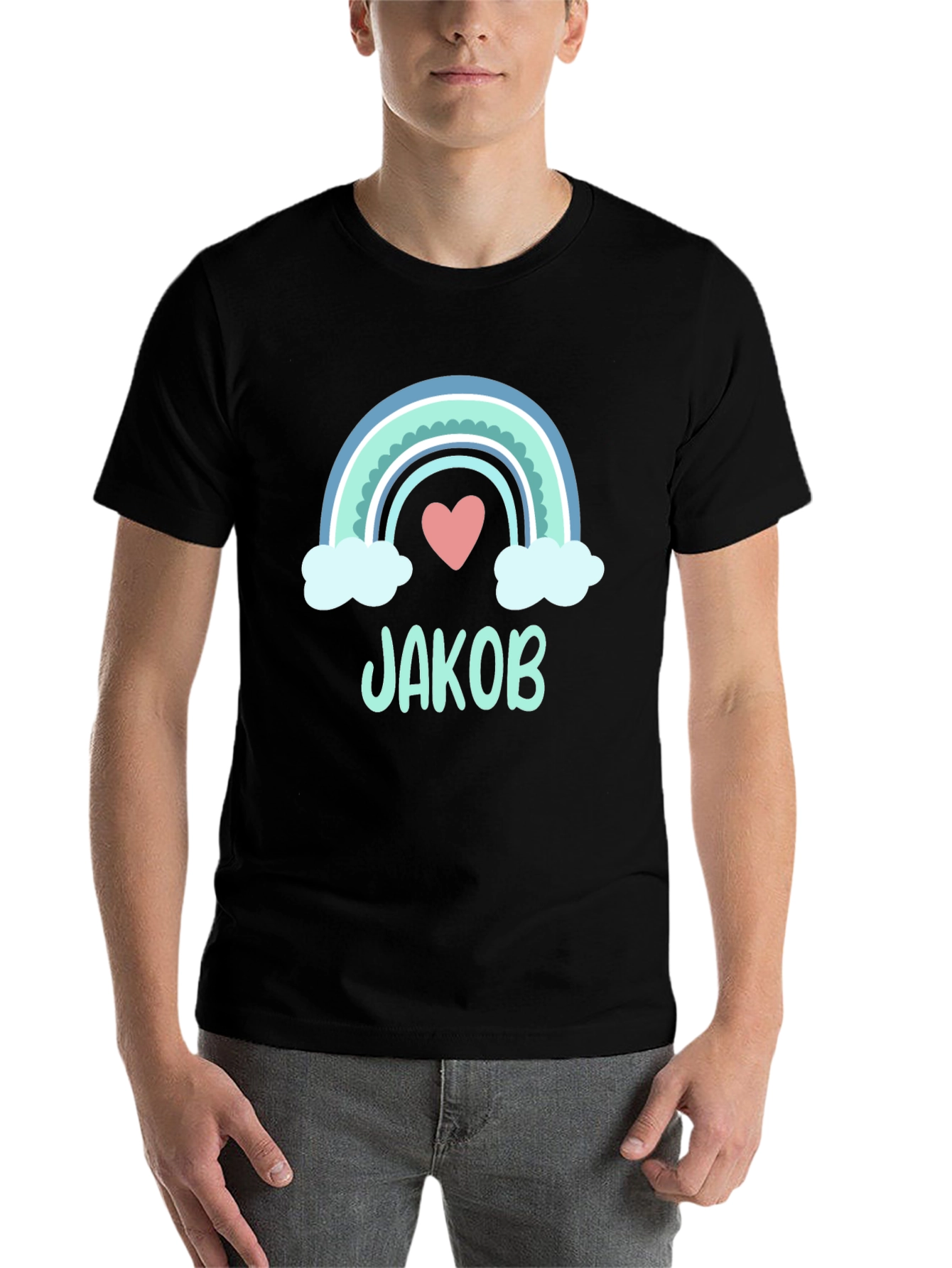 Black Personalized Jakob Rainbow Heart T-Shirt view 7