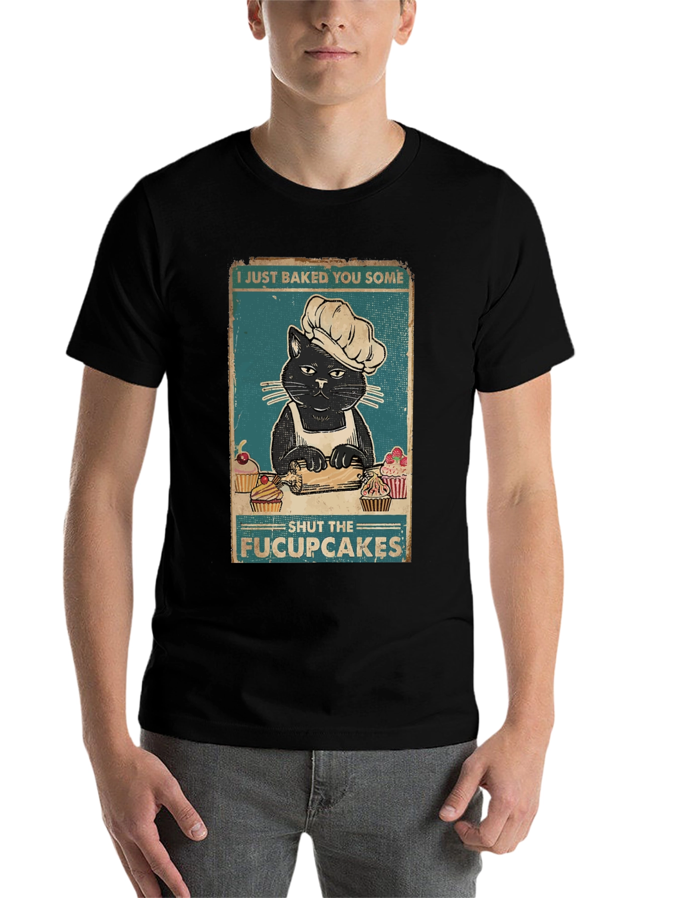 Black Funny Cat Baker T-Shirt - Shut the Fucupcakes! view 7