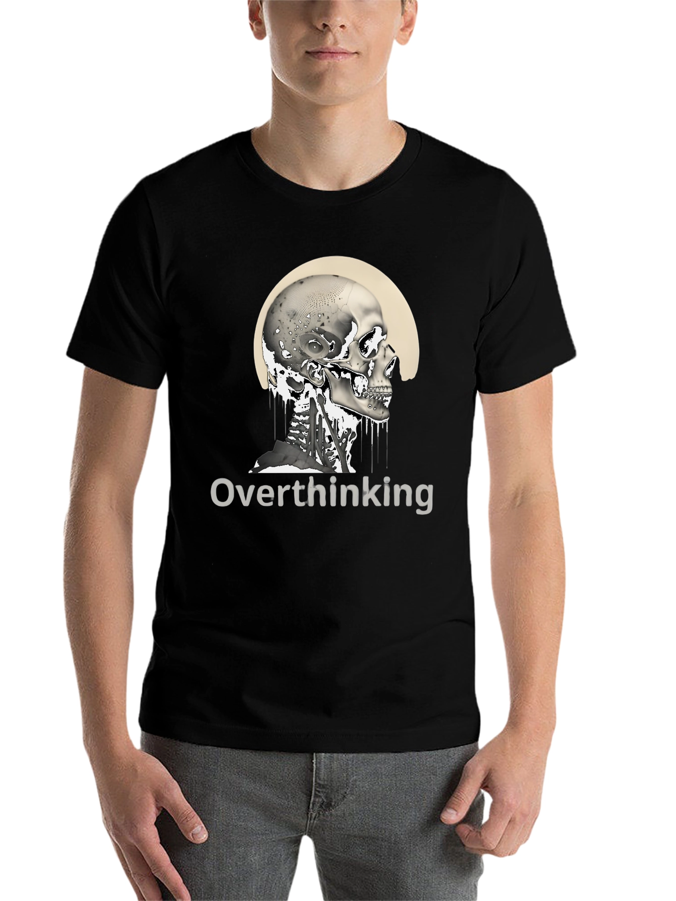 Black Overthinking Skull Graphic T-Shirt - Unisex Black Tee view 7