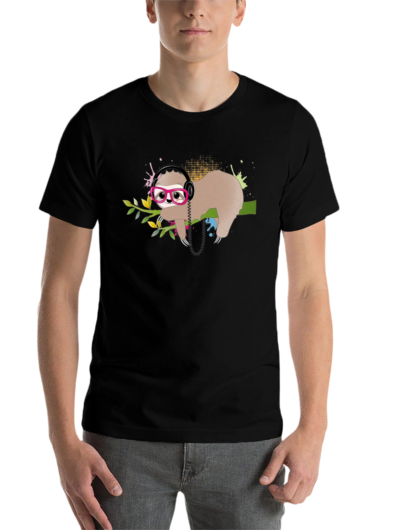 Black Sloth in Glasses T-Shirt, Cool Headphones Graphic Tee view 7