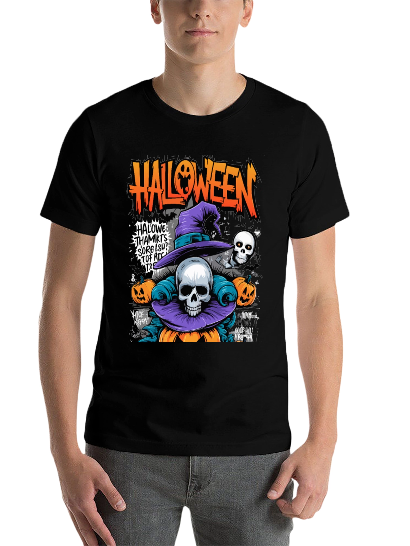 Black Halloween Skull Pumpkin Graphic Tee view 7