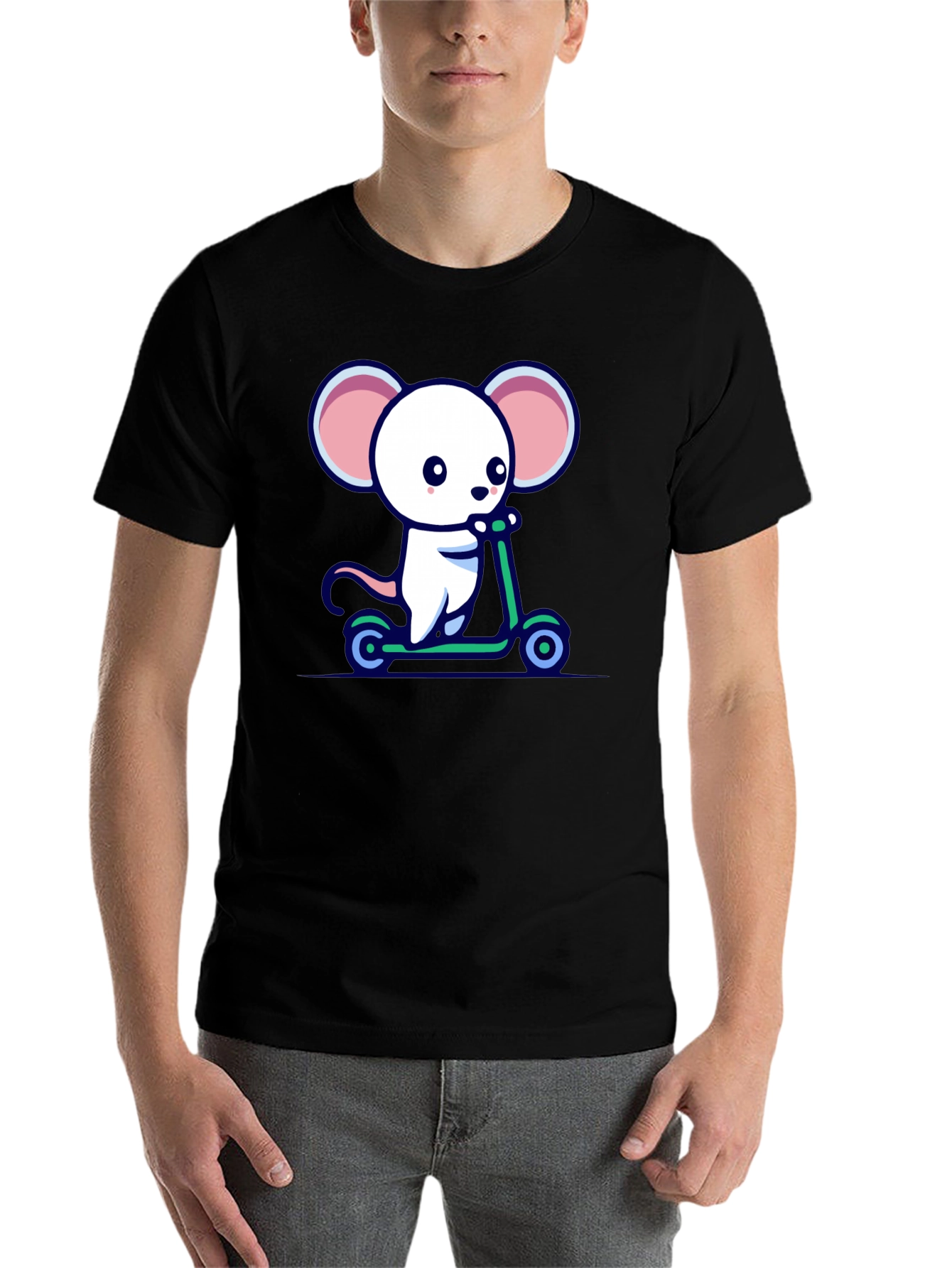 Black Cute Mouse Scooter Ride Graphic Tee - Black Cotton Comfort view 7