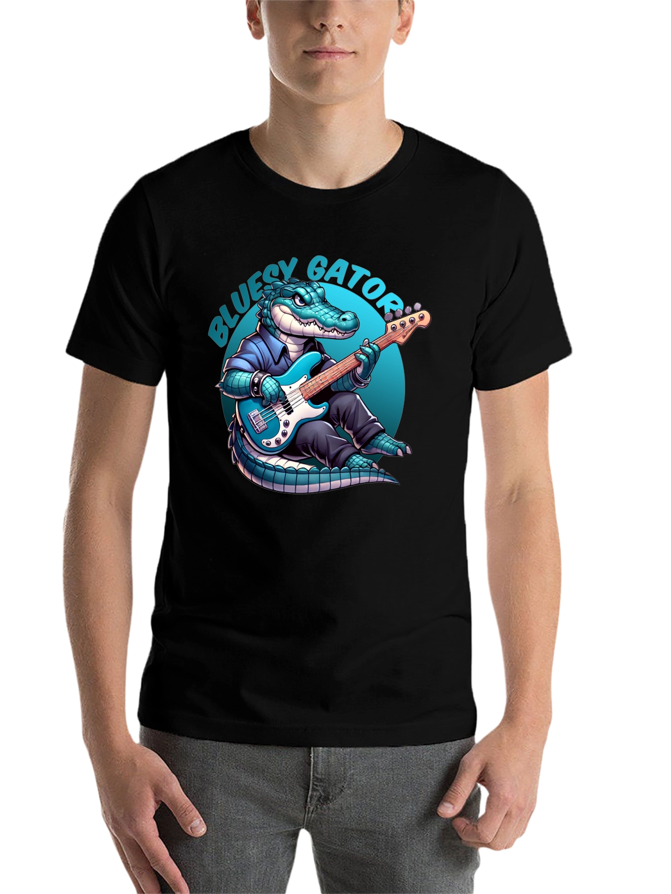 Black Bluesy Gator T-Shirt: Alligator Playing Bass Guitar view 7