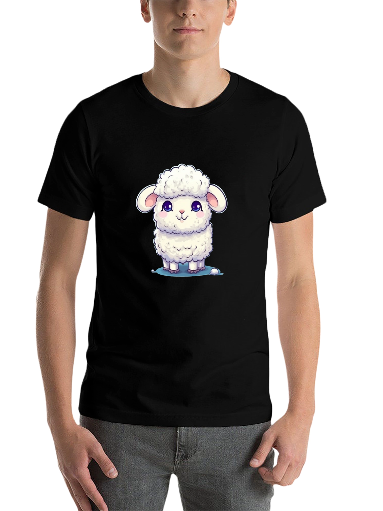 Black Cute Lamb Graphic Tee - Black Cotton Blend view 7