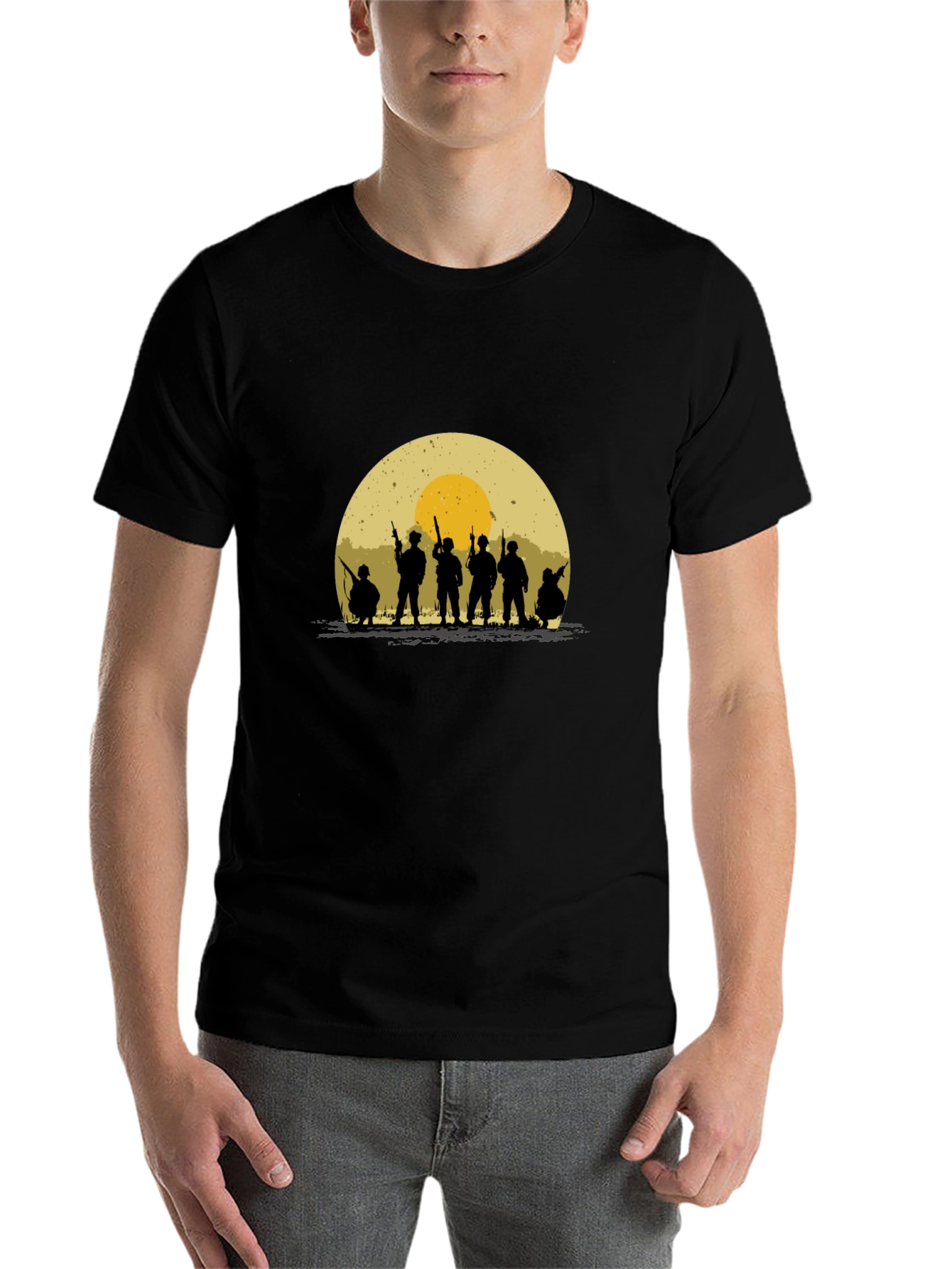 Black Silhouette Soldier T-Shirt - Retro Sunset Design view 7
