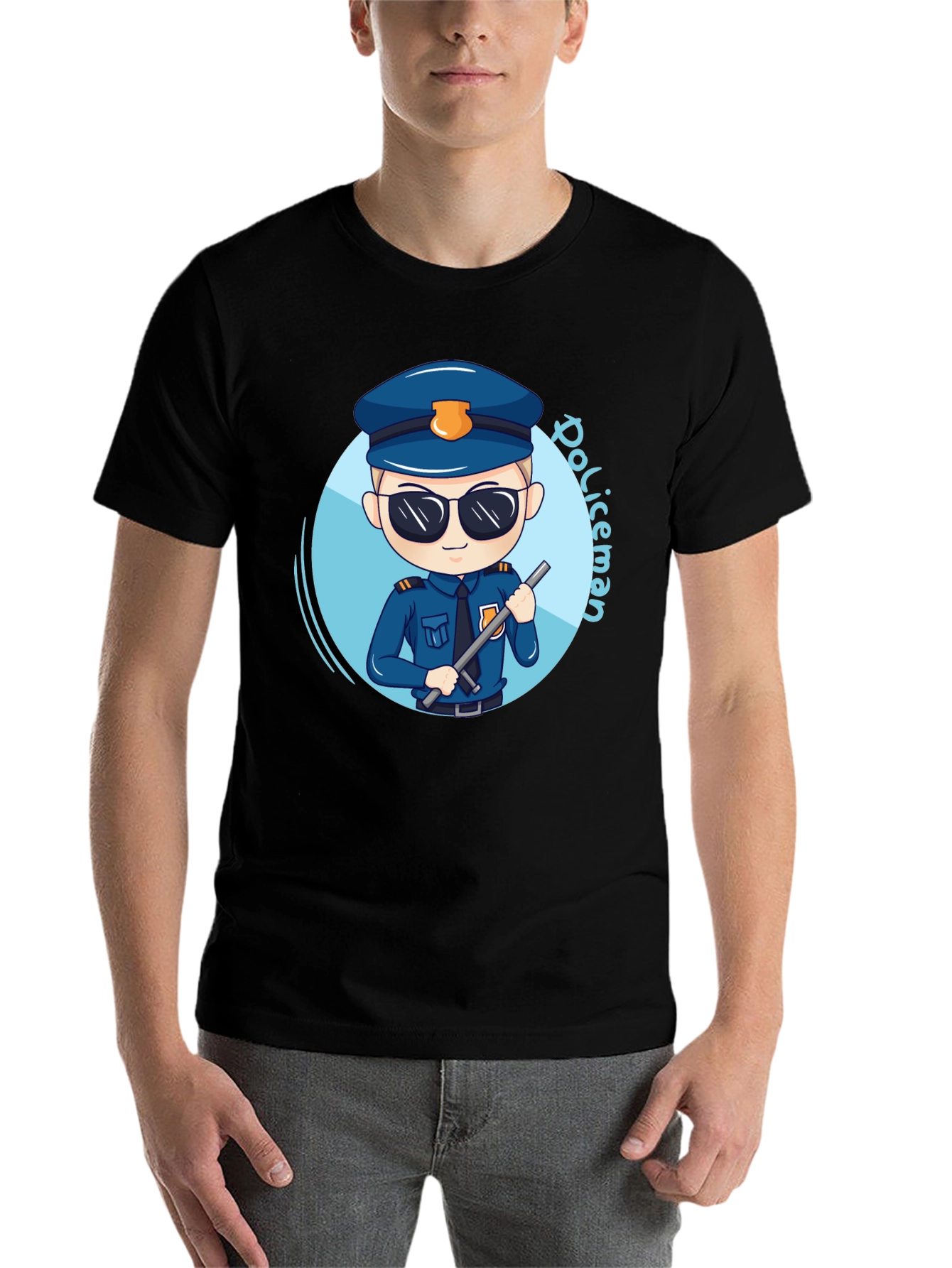 Black Cartoon Policeman Graphic Tee - Black Unisex T-Shirt view 7