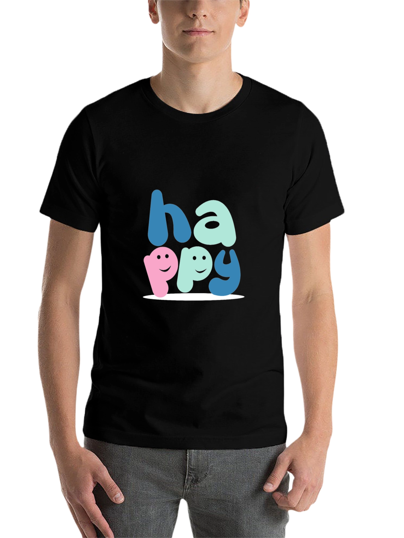 Black Happy Graphic Tee - Soft Cotton Blend, Unisex Fit view 7