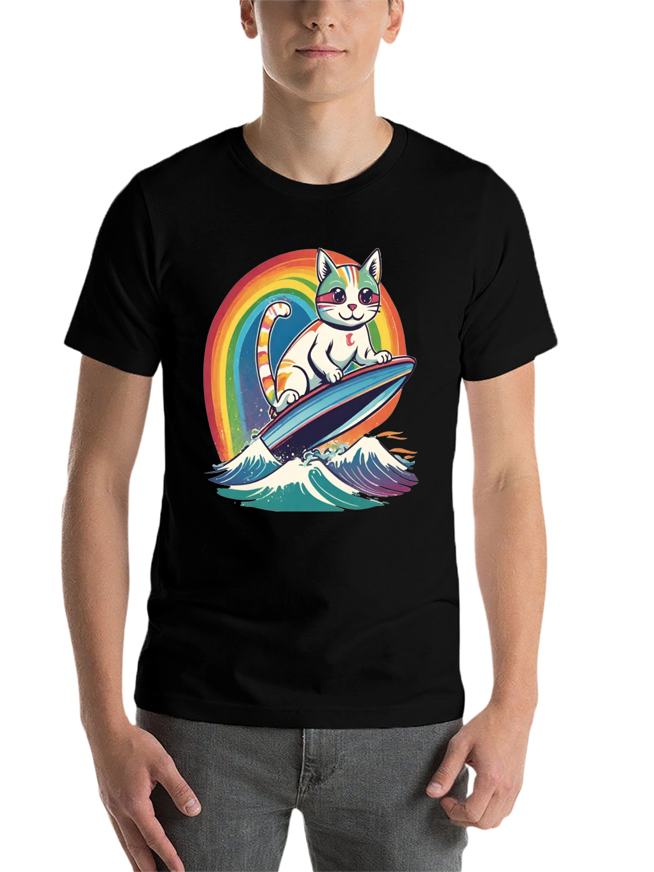 Black Surfing Cat Rainbow T-Shirt view 7