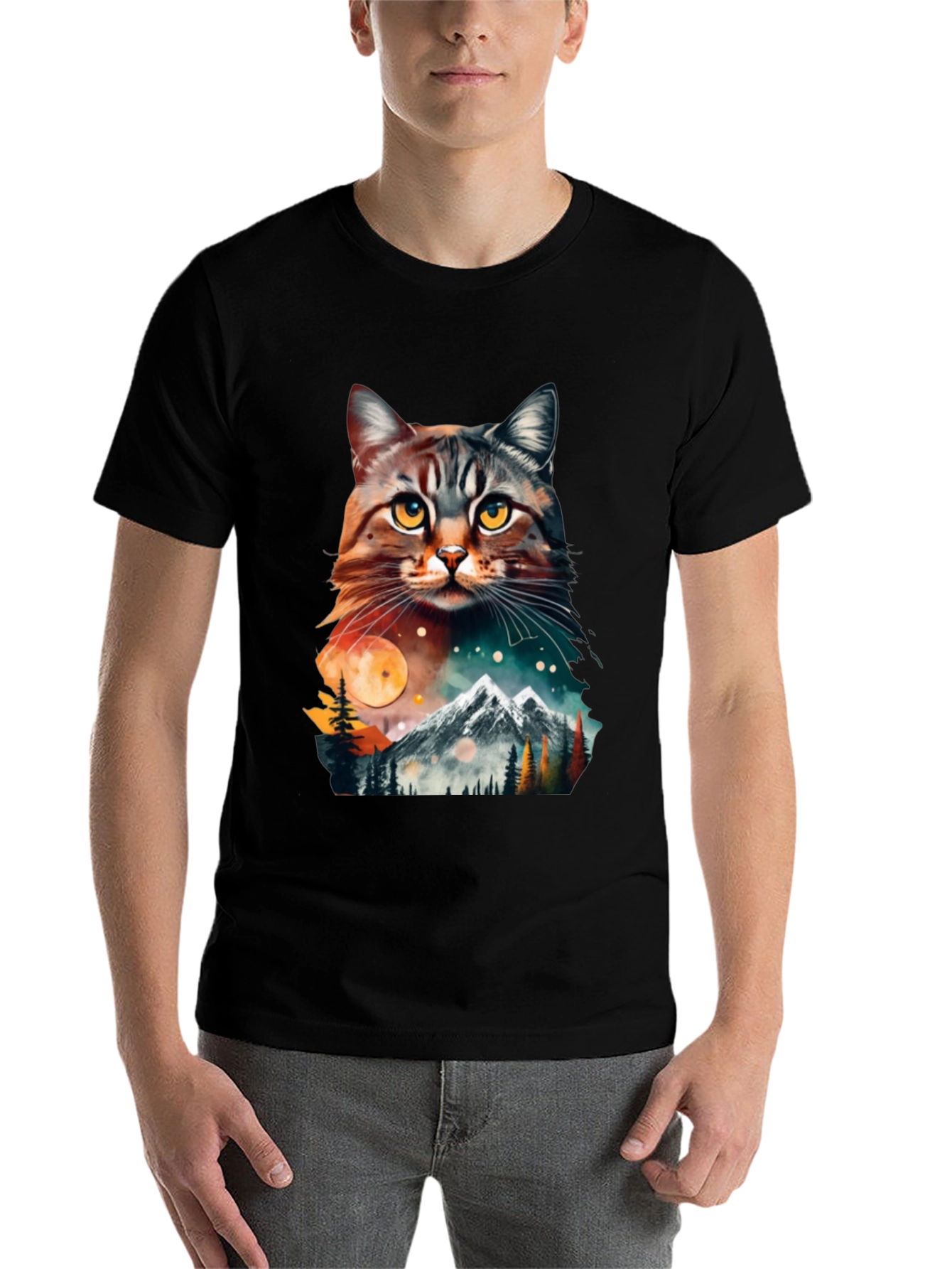 Black Cat & Mountain Graphic Tee - Unique Nature Design view 7