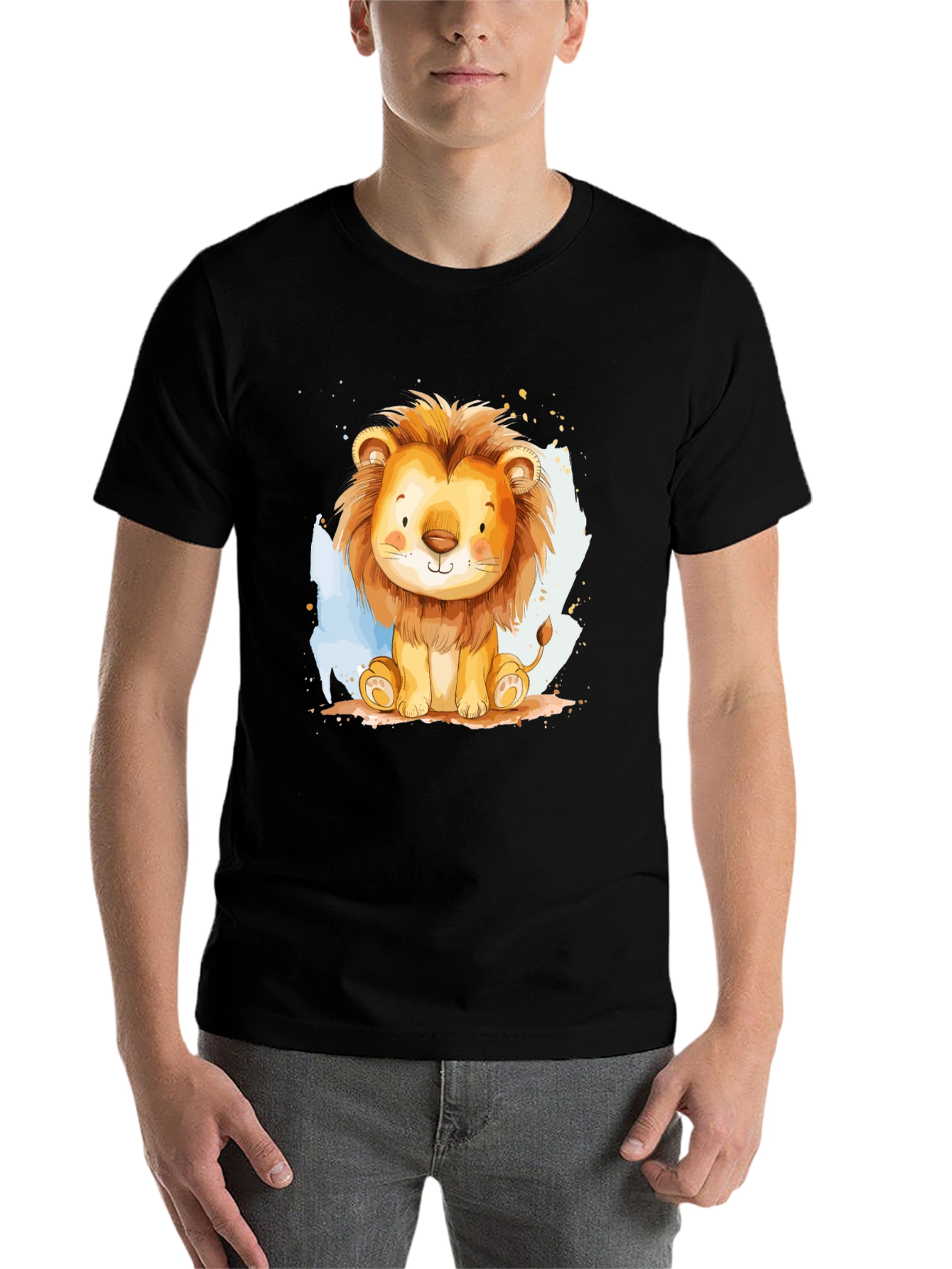 Black Cute Lion Graphic Tee - Black Cotton T-Shirt view 7