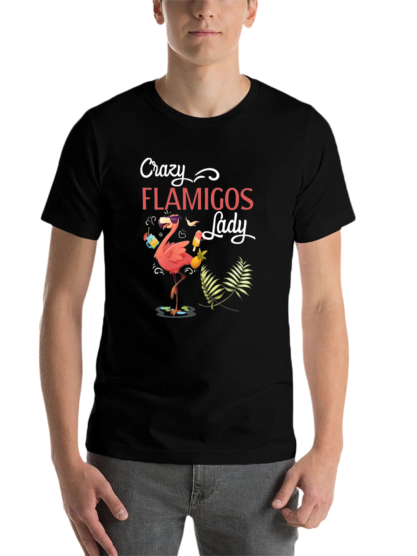 Black Crazy Flamingos Lady T-Shirt view 7