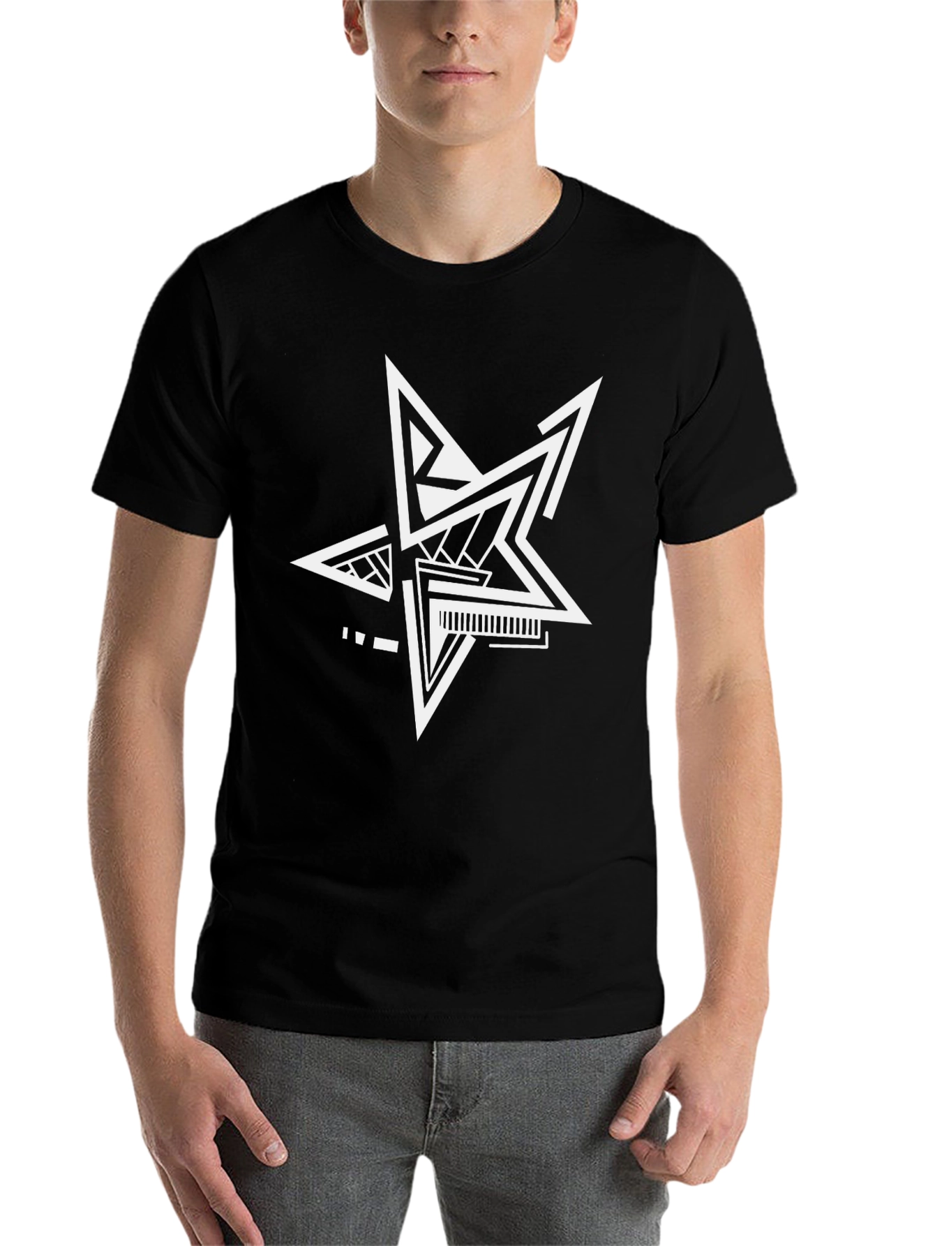 Black Modern Geometric Star T-Shirt - Black Cotton Tee view 7
