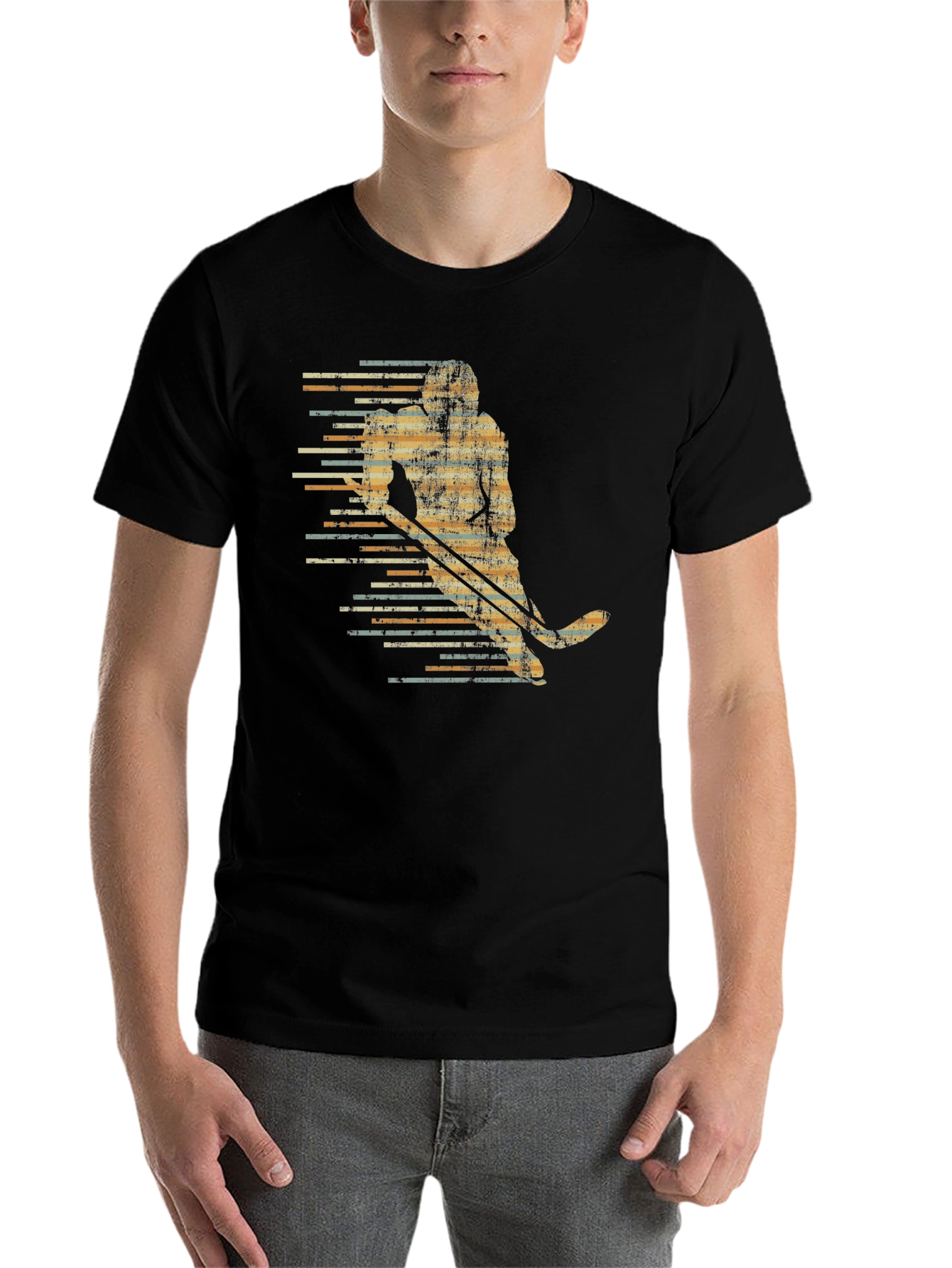 Black Vintage Hockey Player Graphic Tee - Black Cotton Blend view 7