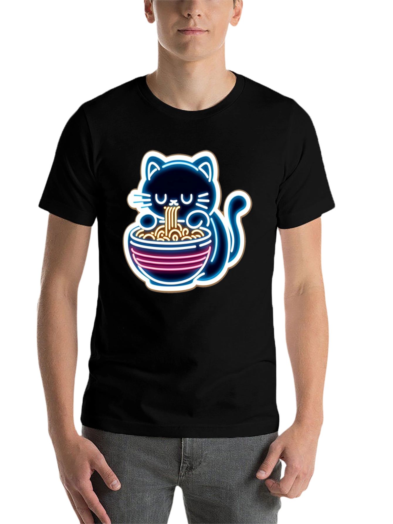 Black Neon Cat Ramen T-Shirt - Unique Graphic Tee view 7