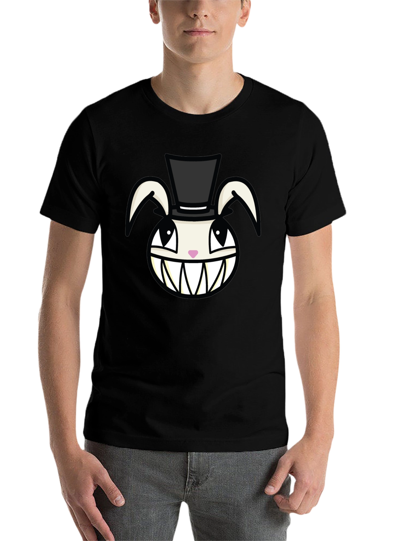 Black Creepy Rabbit Top Hat Graphic Tee - Black view 7