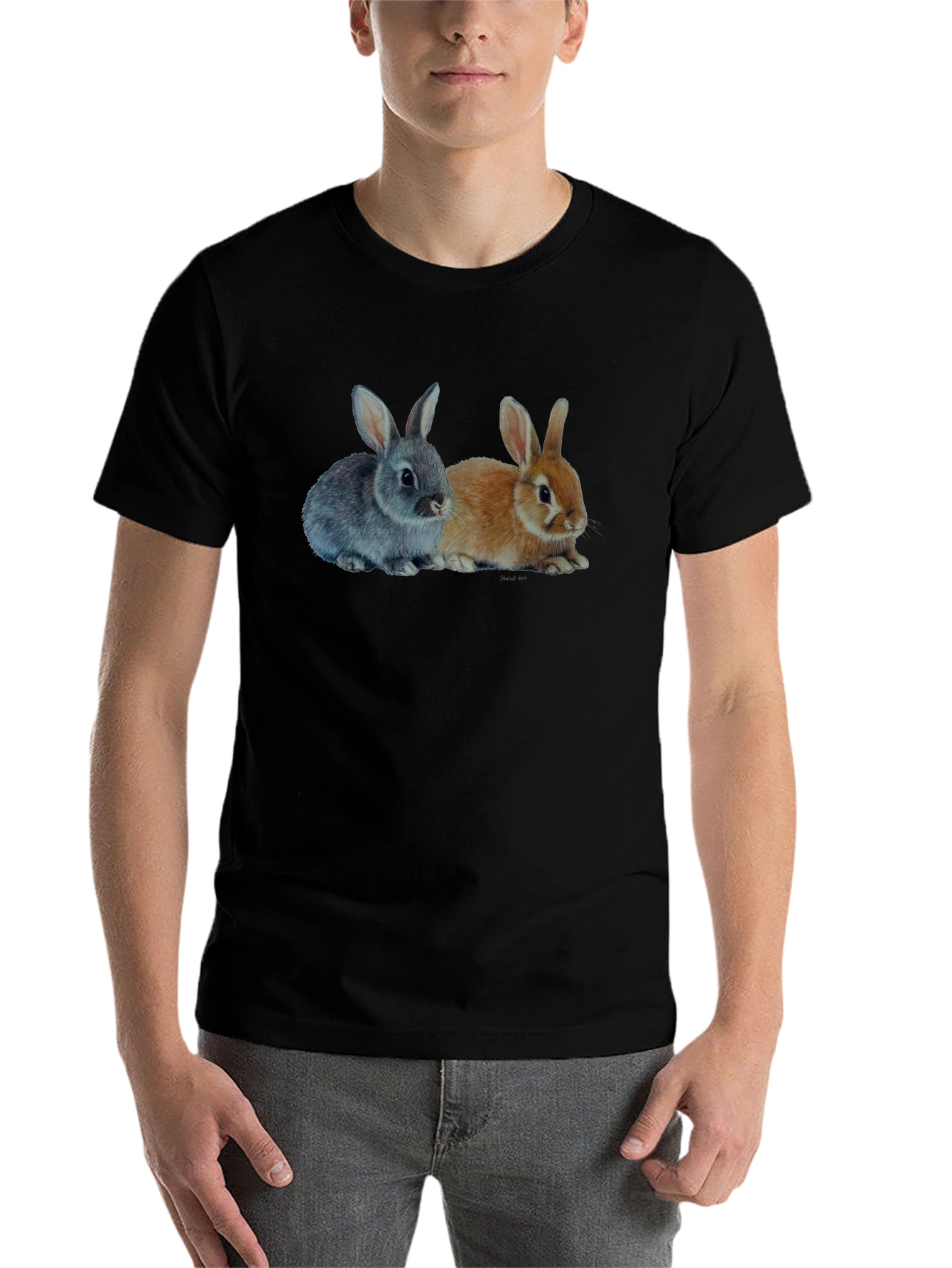 Black Cute Bunny Rabbits Graphic Print Black T-Shirt view 7