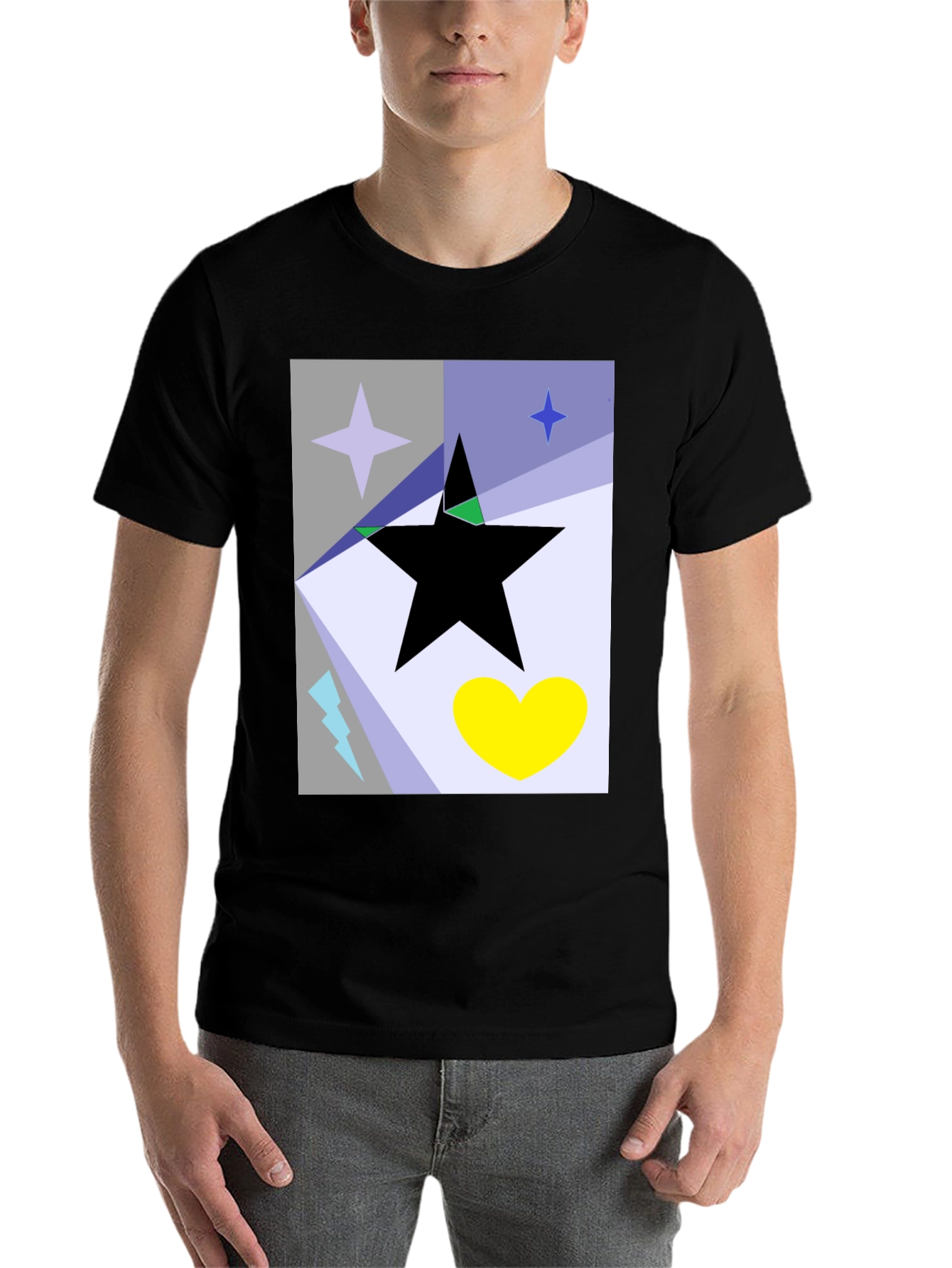 Black Abstract Star Heart Graphic Tee - Black Cotton T-Shirt view 7
