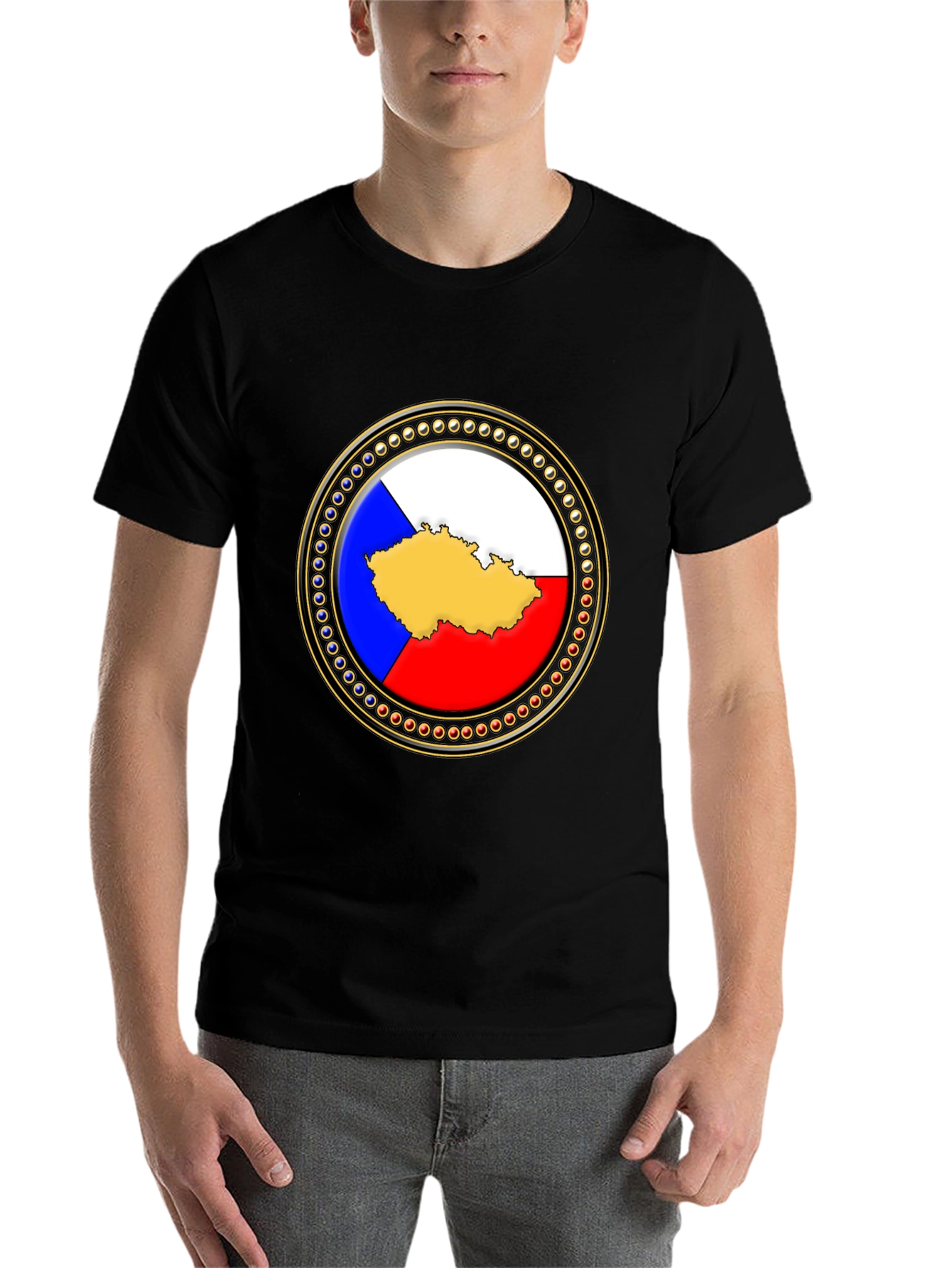 Czech Republic Flag Map T-Shirt - Black Cotton Tee - 7