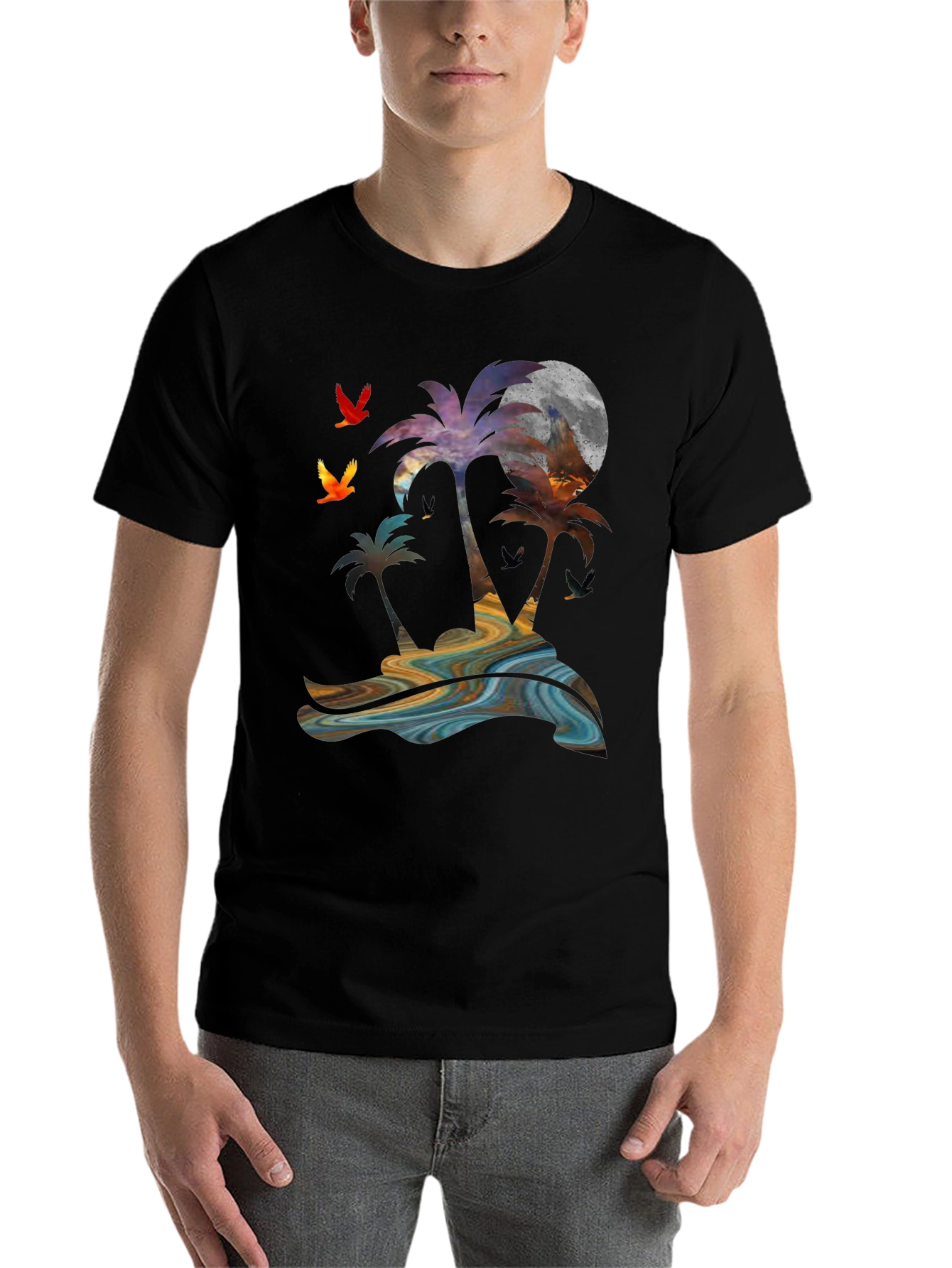 Black Tropical Sunset Palm Tree Graphic T-Shirt view 7