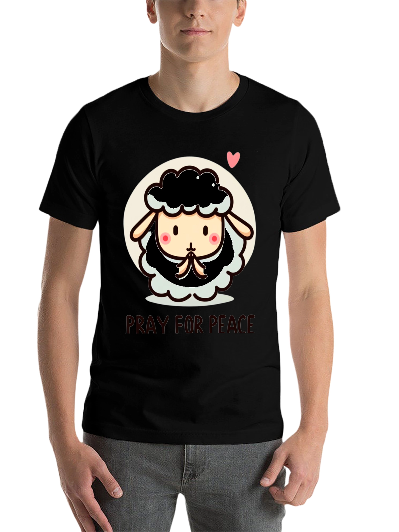 Black Pray for Peace Cartoon Sheep T-Shirt view 7