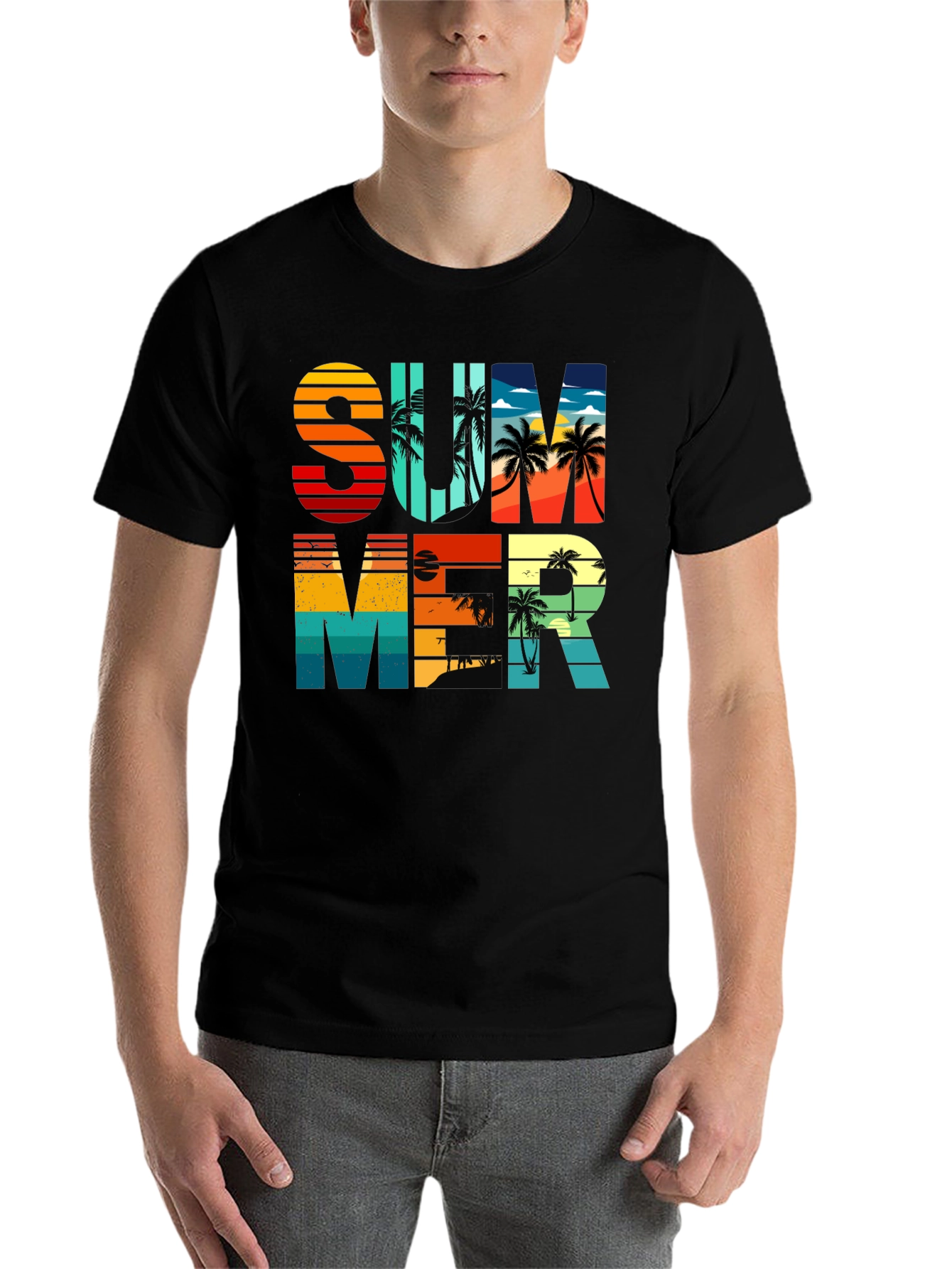 Black Summer Graphic T-Shirt - Retro Palm Tree Design view 7