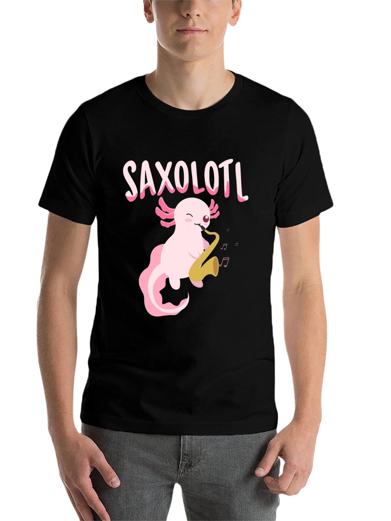 Black Saxolotl T-Shirt - Axolotl Playing Saxophone Tee view 7