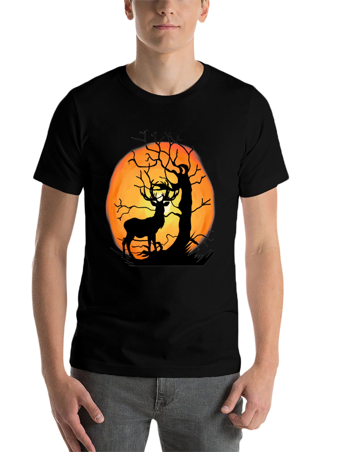 Black Deer Moon Silhouette Graphic Tee - Black Cotton view 7