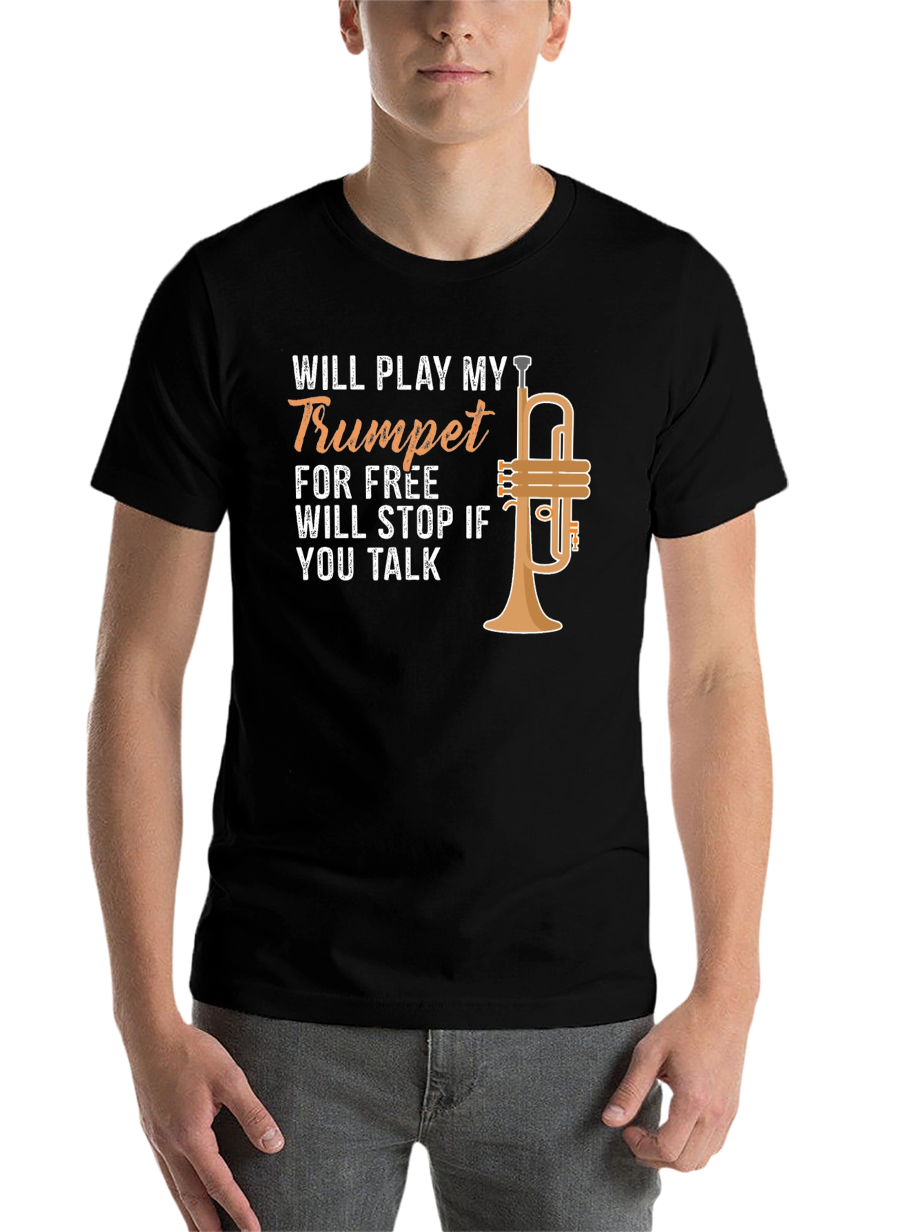 Black Trumpet Player T-Shirt - Will Play for Free! view 7