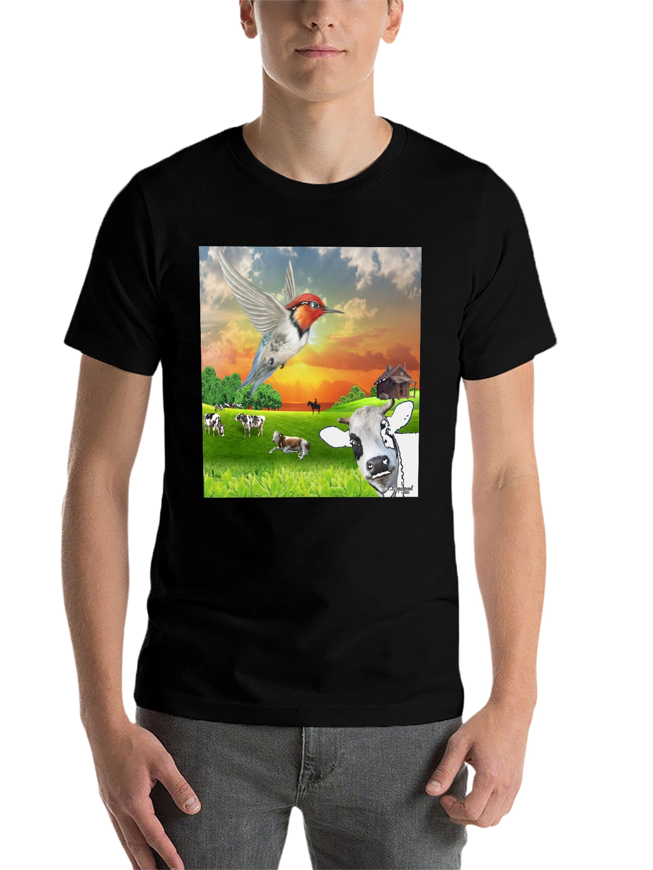 Black Hummingbird & Cow Farm T-Shirt - Unique Animal Design view 7