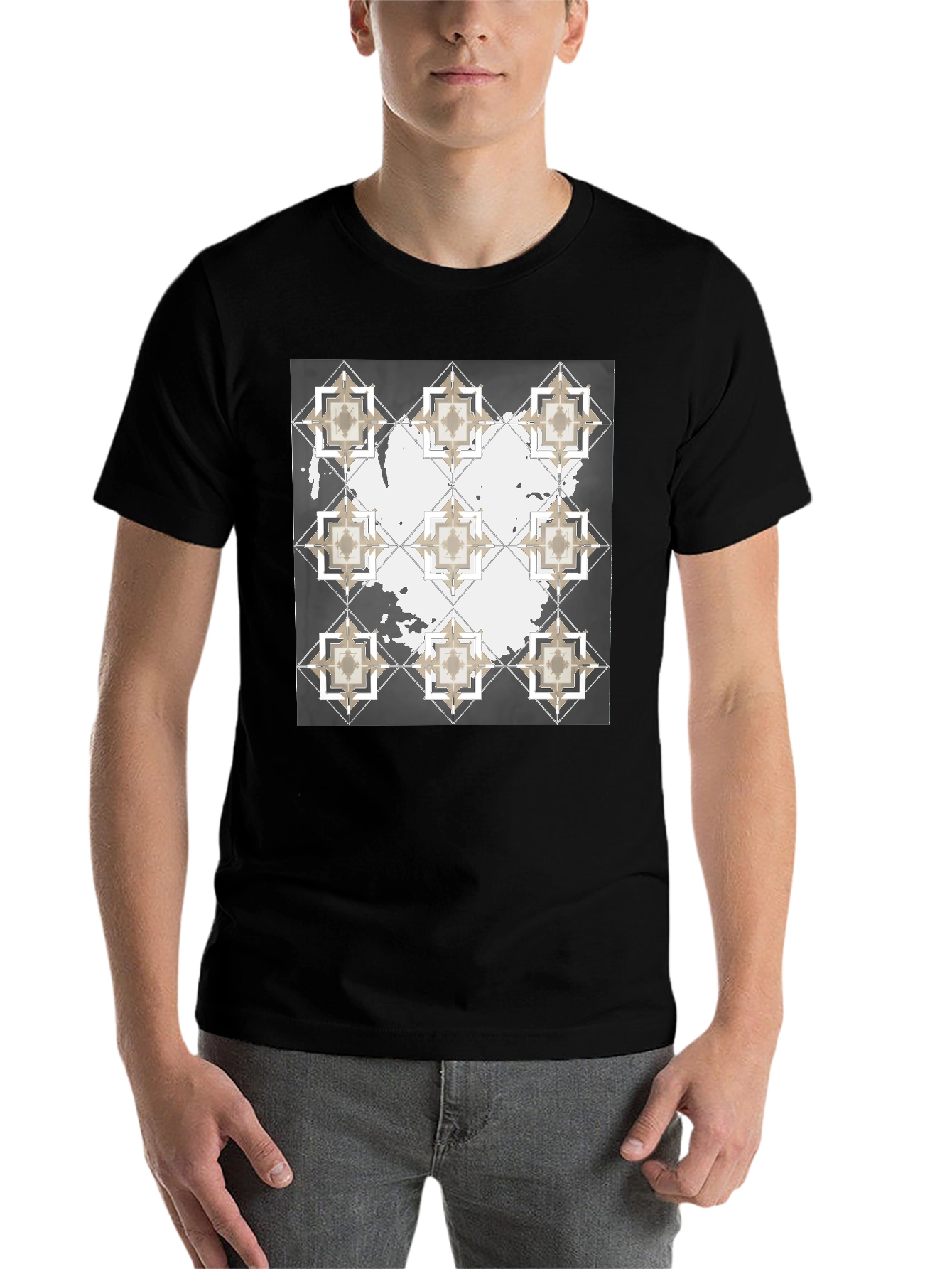 Black Geometric Tile Print Crew Neck T-Shirt view 7