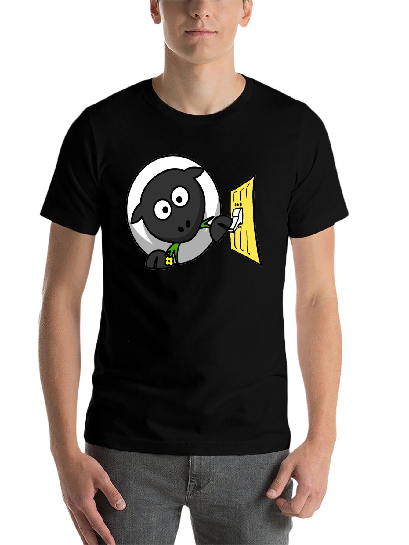 Black Funny Cartoon Sheep Turning on Light T-Shirt view 7