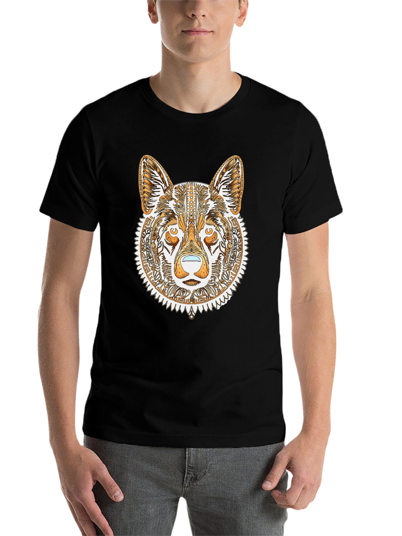 Black Tribal Wolf Graphic Tee - Black Cotton Shirt view 7