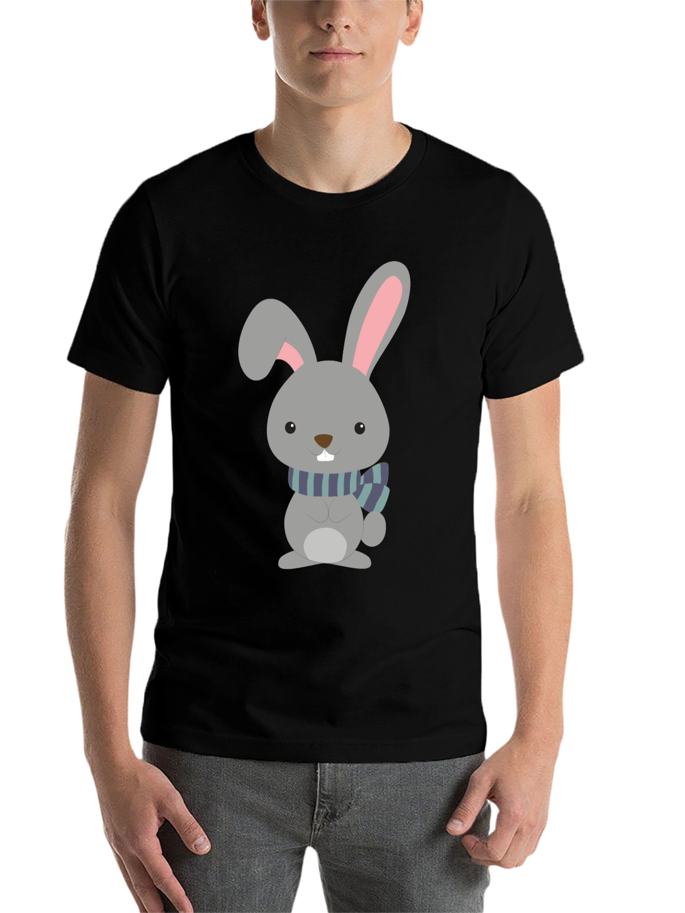 Cute Cartoon Rabbit Graphic Tee - Unisex Black T-Shirt - 7