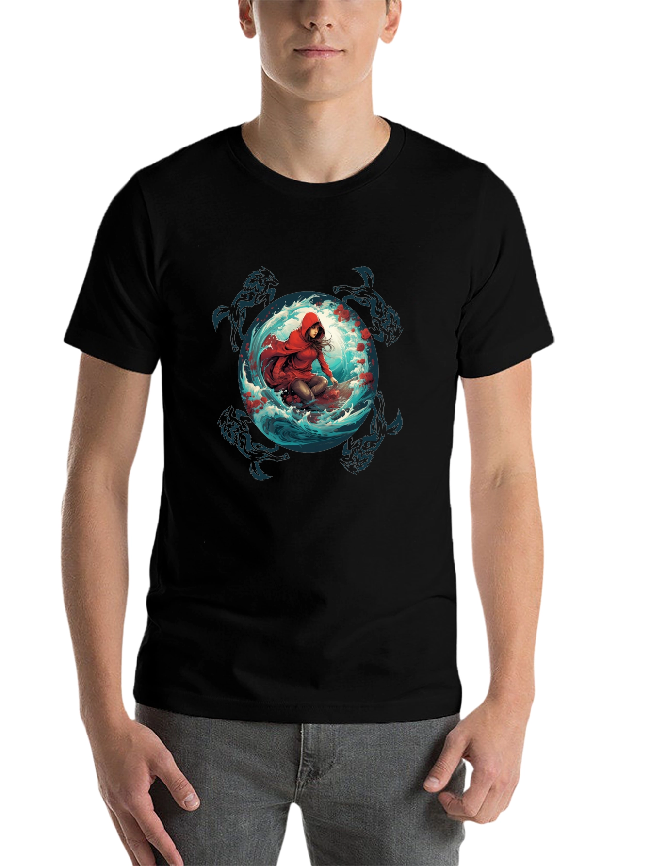 Black Red Riding Hood Wolves T-Shirt - Unique Graphic Tee view 7