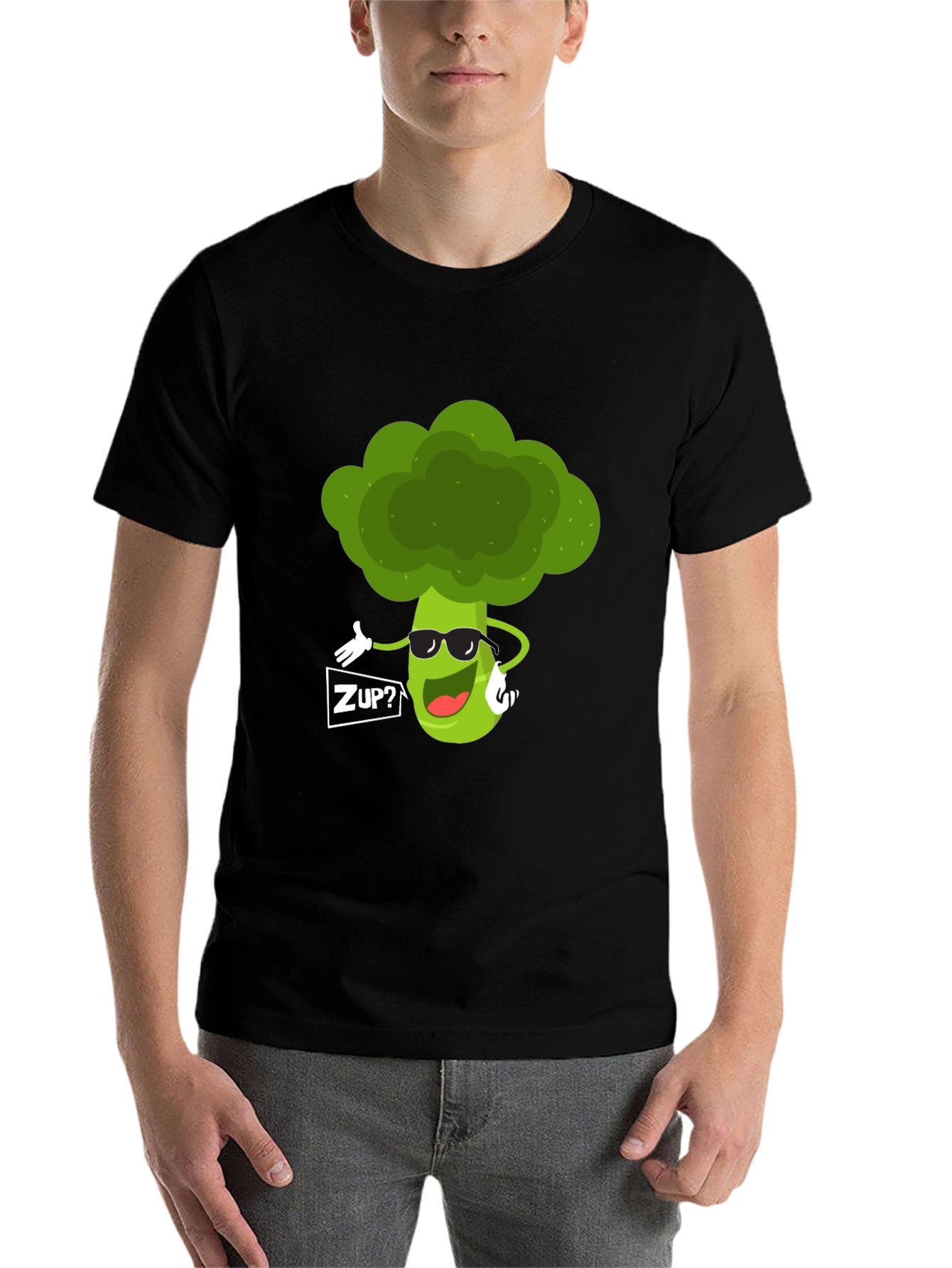 Black Funny Broccoli Graphic T-Shirt - "ZUP?" Design view 7