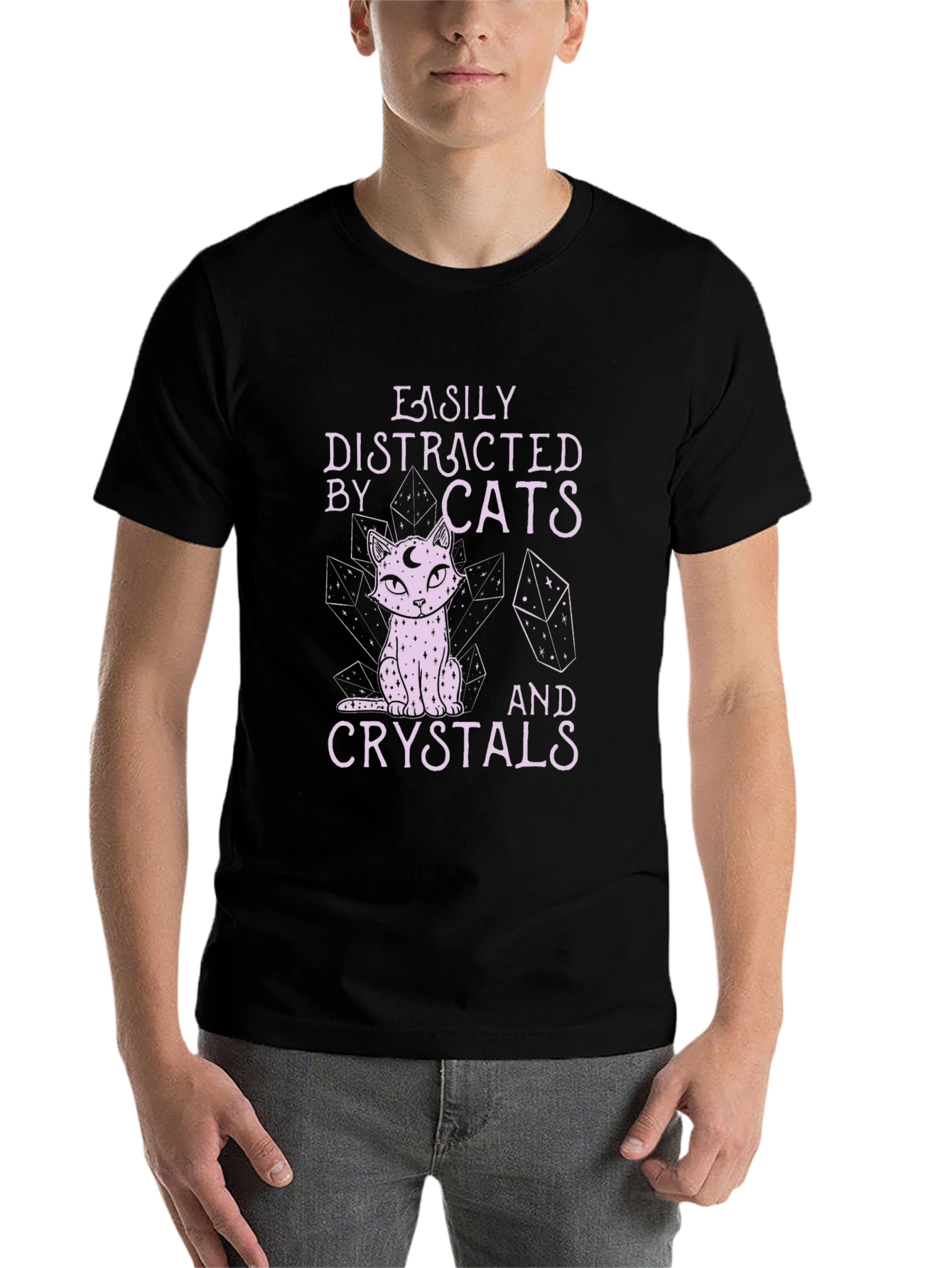 Black Easily Distracted by Cats and Crystals T-Shirt view 7