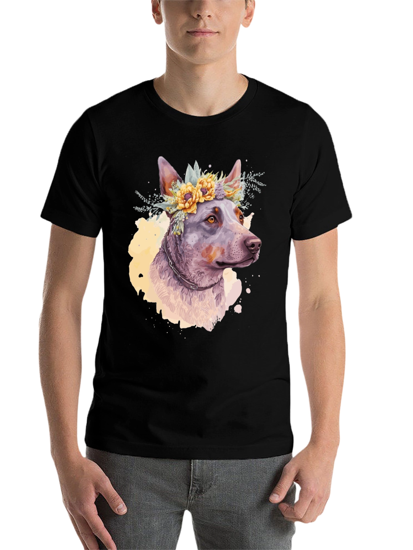 Black Dog with Flower Crown Graphic Tee - Artistic Pet Lover Shirt view 7