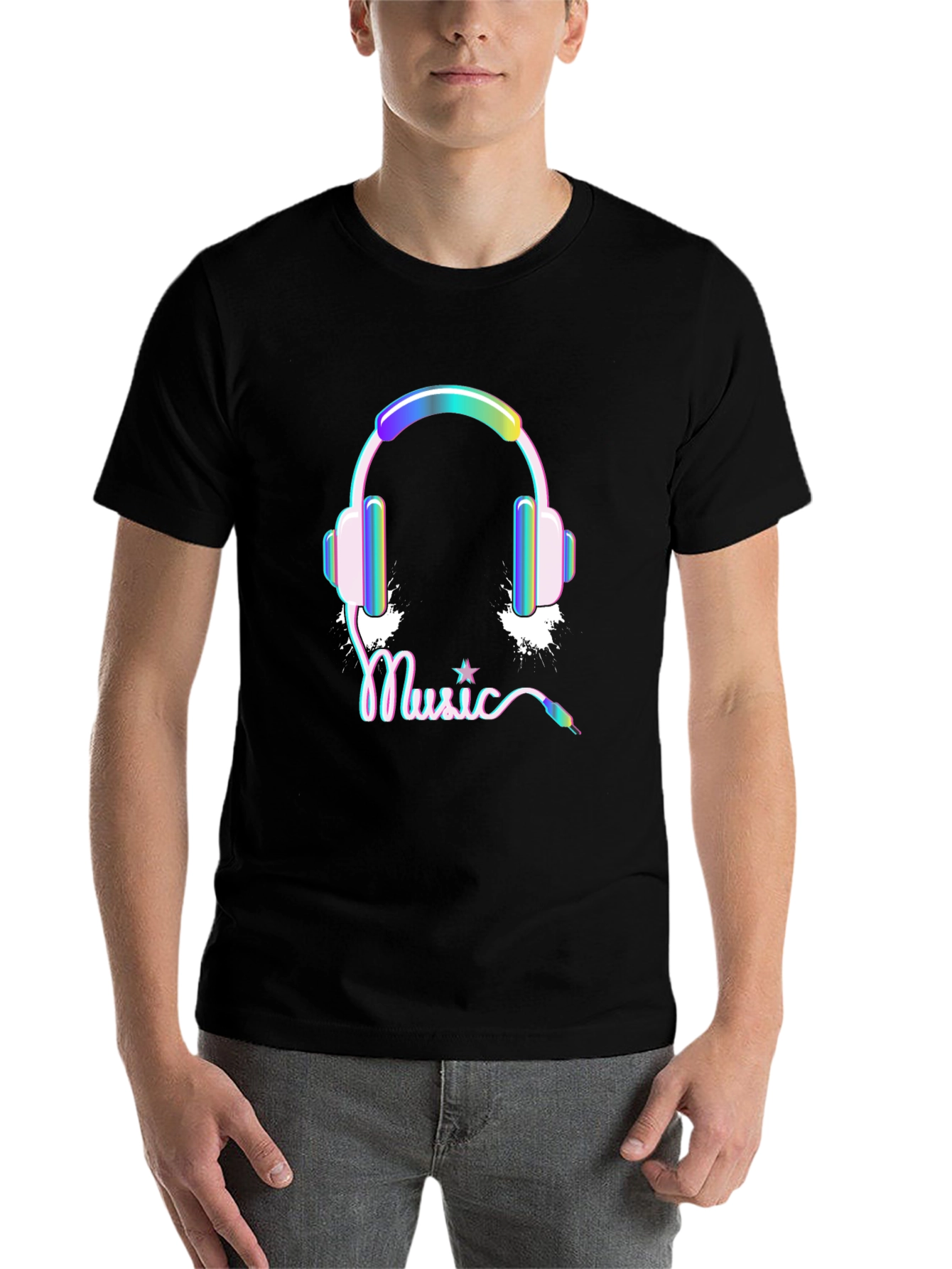 Black Music Headphones Graphic Print Black Tee Shirt view 7