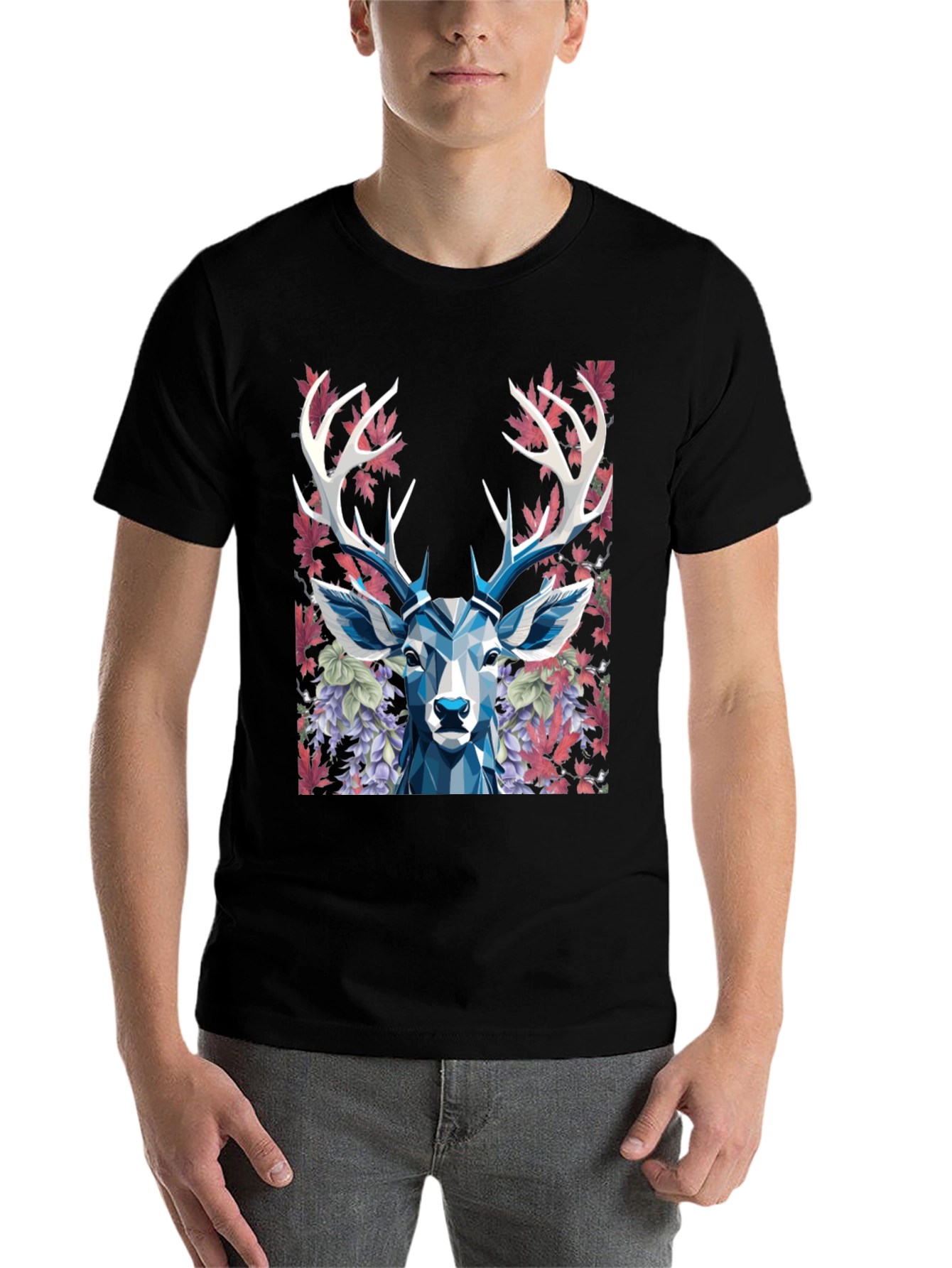 Black Geometric Deer Floral Graphic T-Shirt view 7