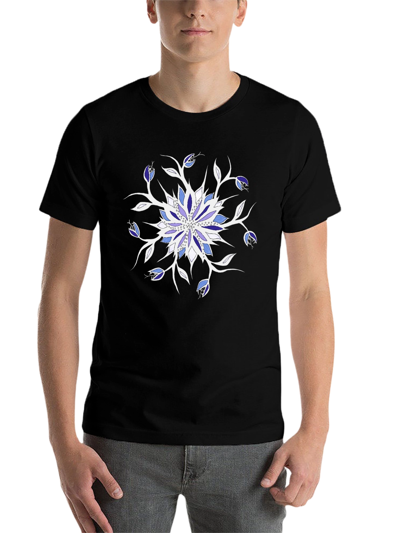 Black Floral Mandala Graphic Tee - Black Cotton Casual Top view 7