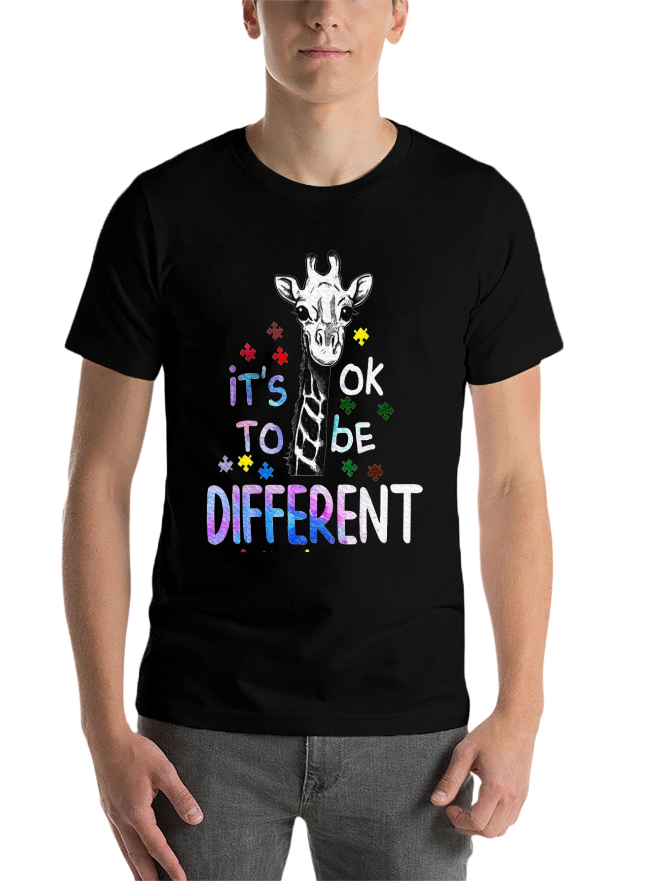 Black Autism Awareness Giraffe T-Shirt - It's OK to be Different view 7